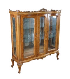 Antique Italian Baroque Rococo Walnut Burr Curio Display Cabinet Glass Showcase