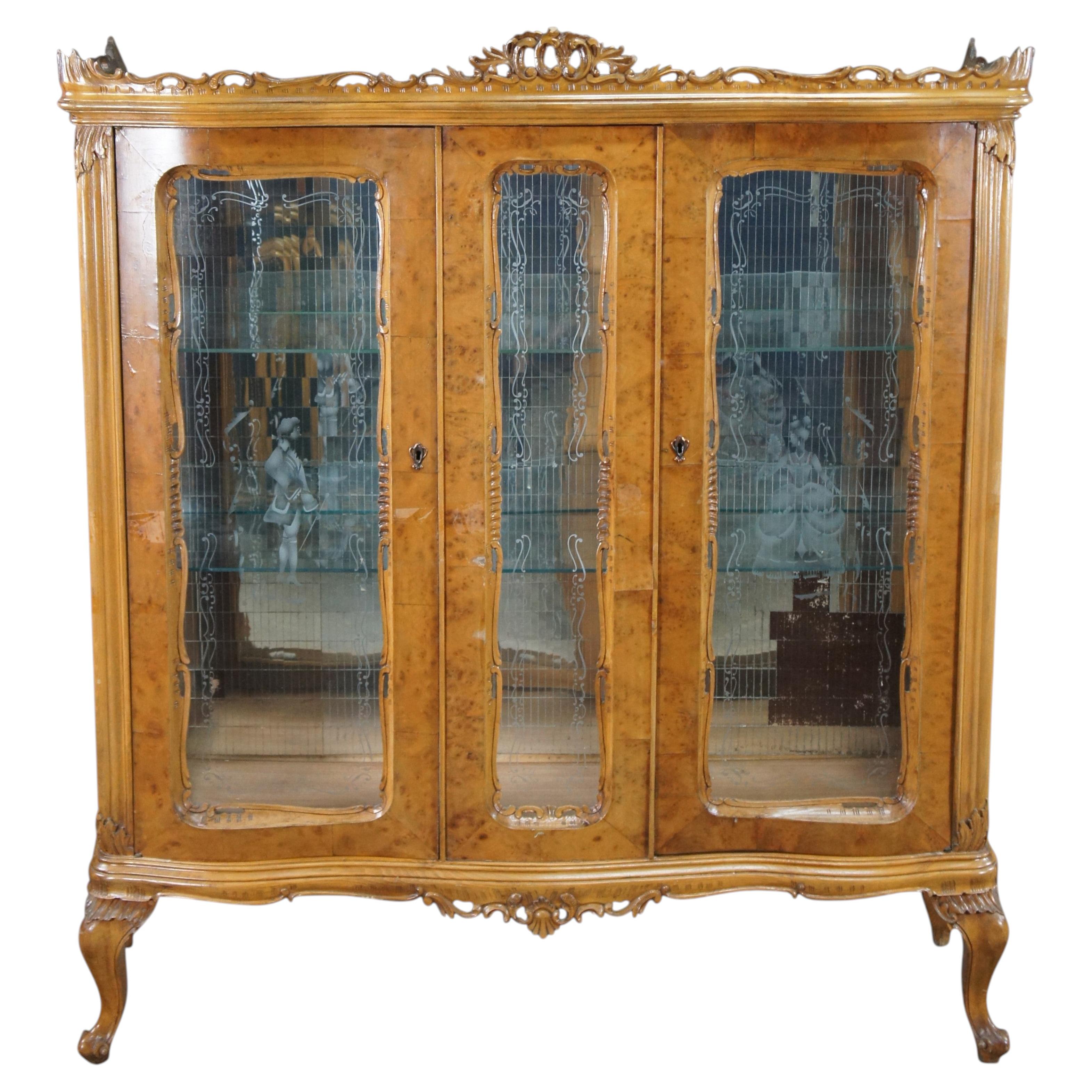 Antique Italian Baroque Rococo Walnut Burr Curio Display Cabinet Glass Showcase
