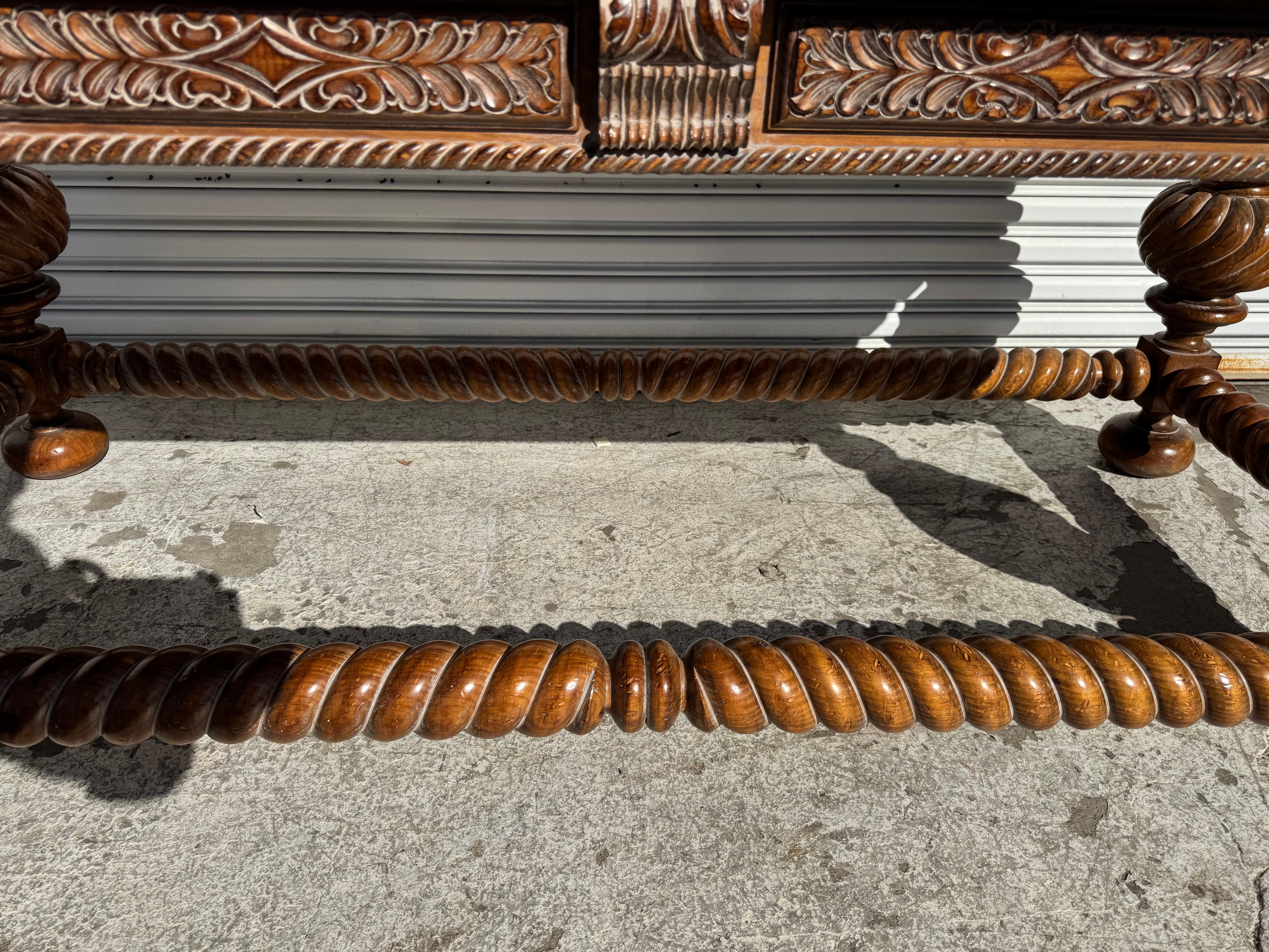 Hand-Carved Antique Italian Baroque Style Barley Twist Walnut Writing Table For Sale