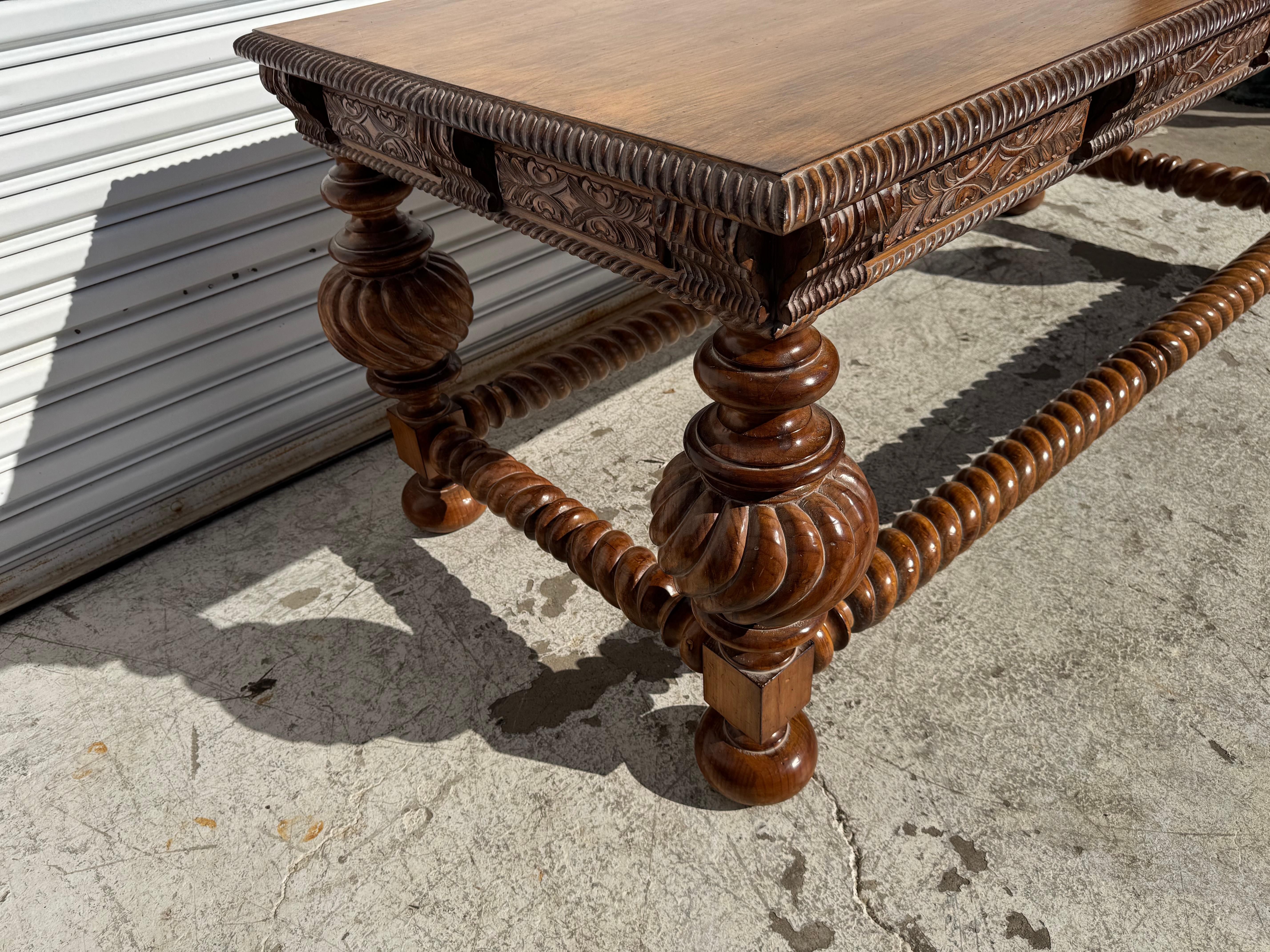 20th Century Antique Italian Baroque Style Barley Twist Walnut Writing Table For Sale