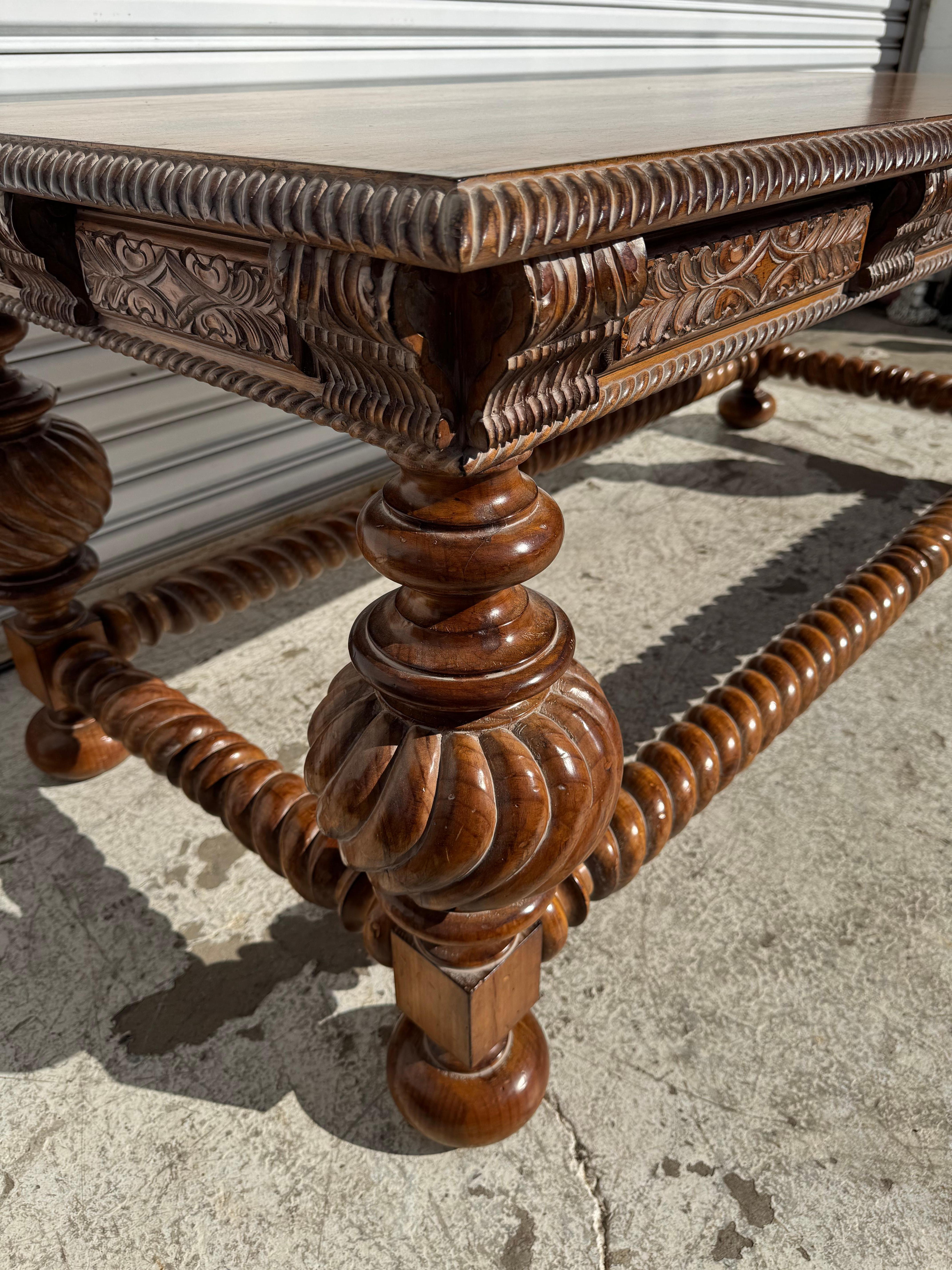 Antique Italian Baroque Style Barley Twist Walnut Writing Table For Sale 1