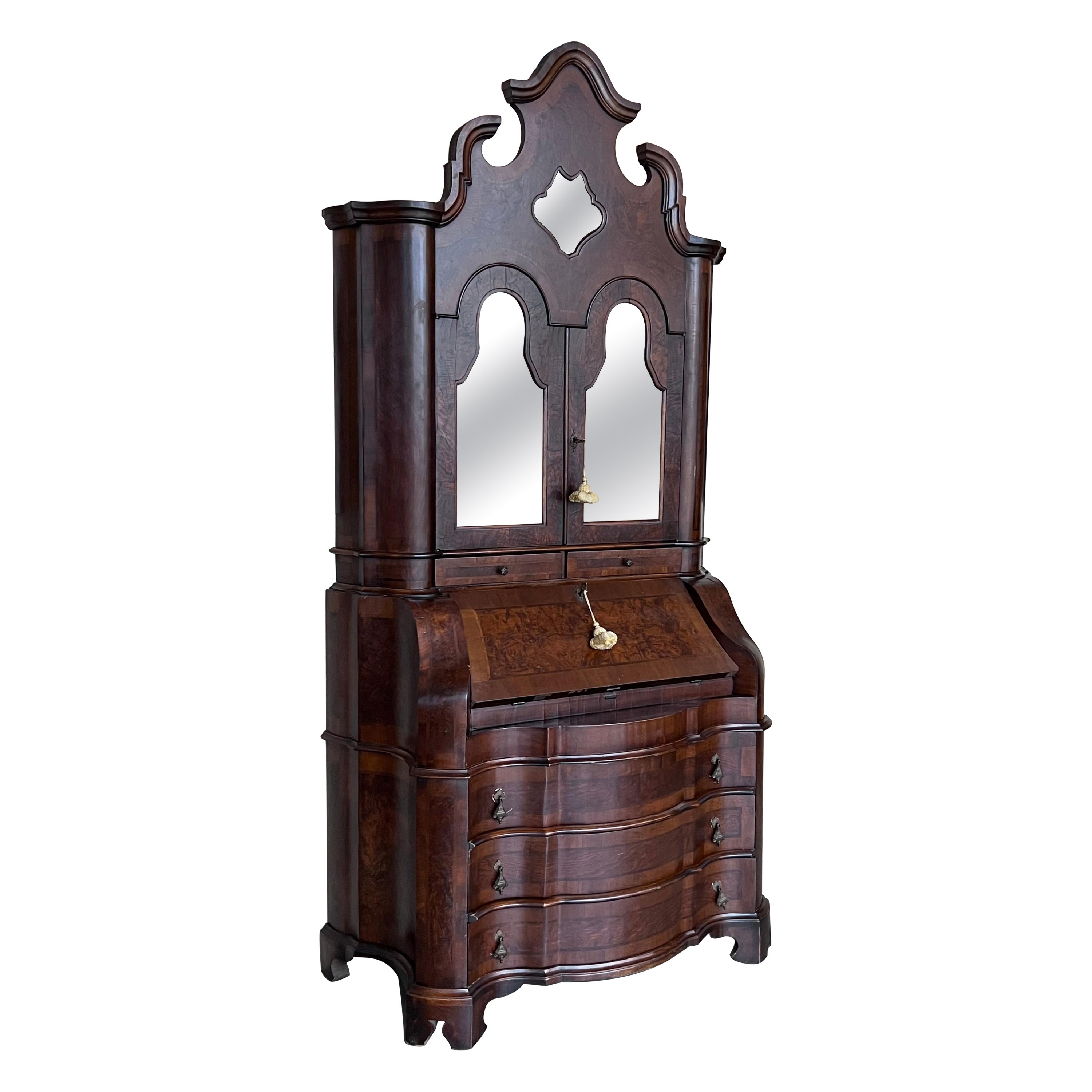 Antique Italian Baroque Style Burl Walnut Secretary Cabinet