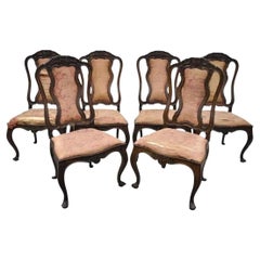 Antique Italian Baroque Style Carved Walnut Dining Side Chairs - Set of 6