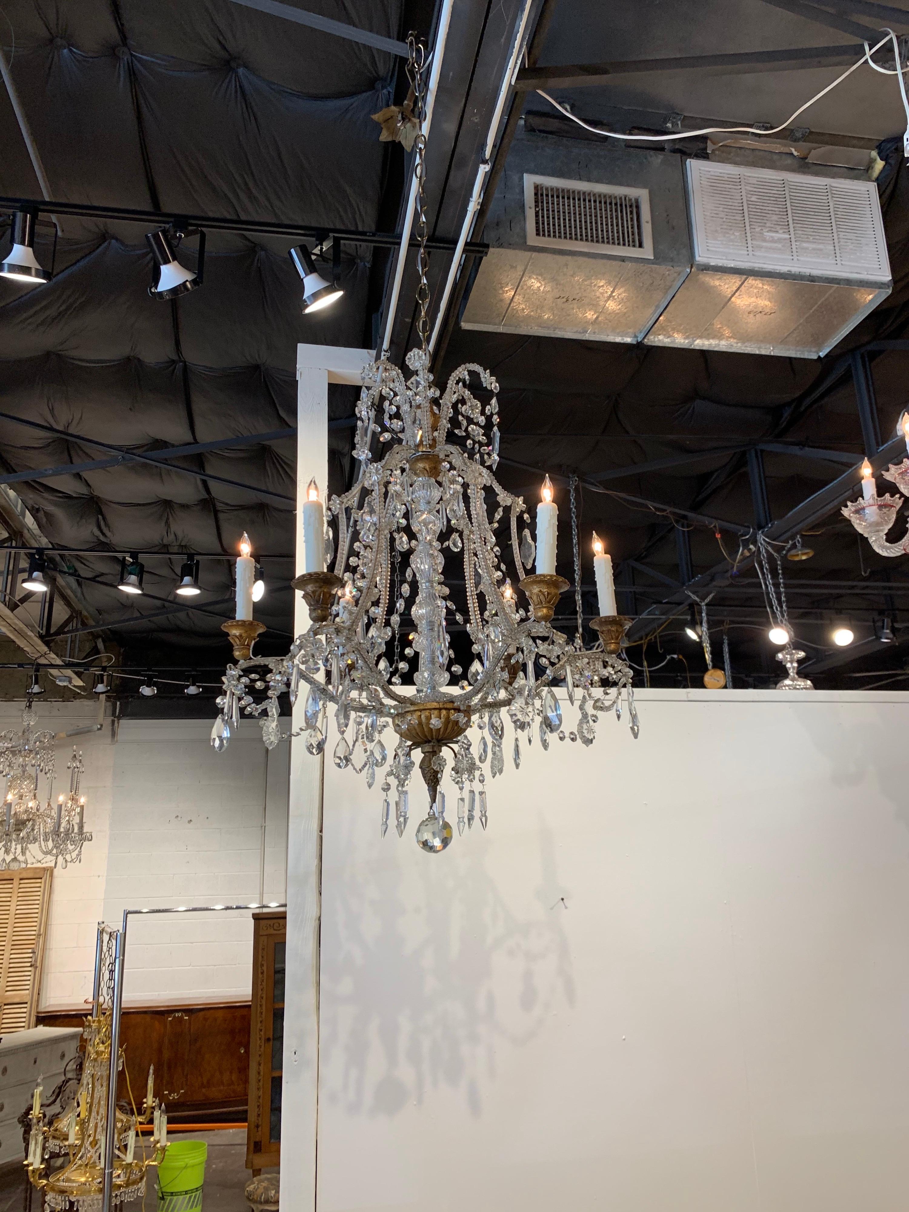 Elegant antique Italian beaded crystal chandelier with 6-light. Beautiful shape and scale to this fixture. And draped with gorgeous crystals. So pretty!