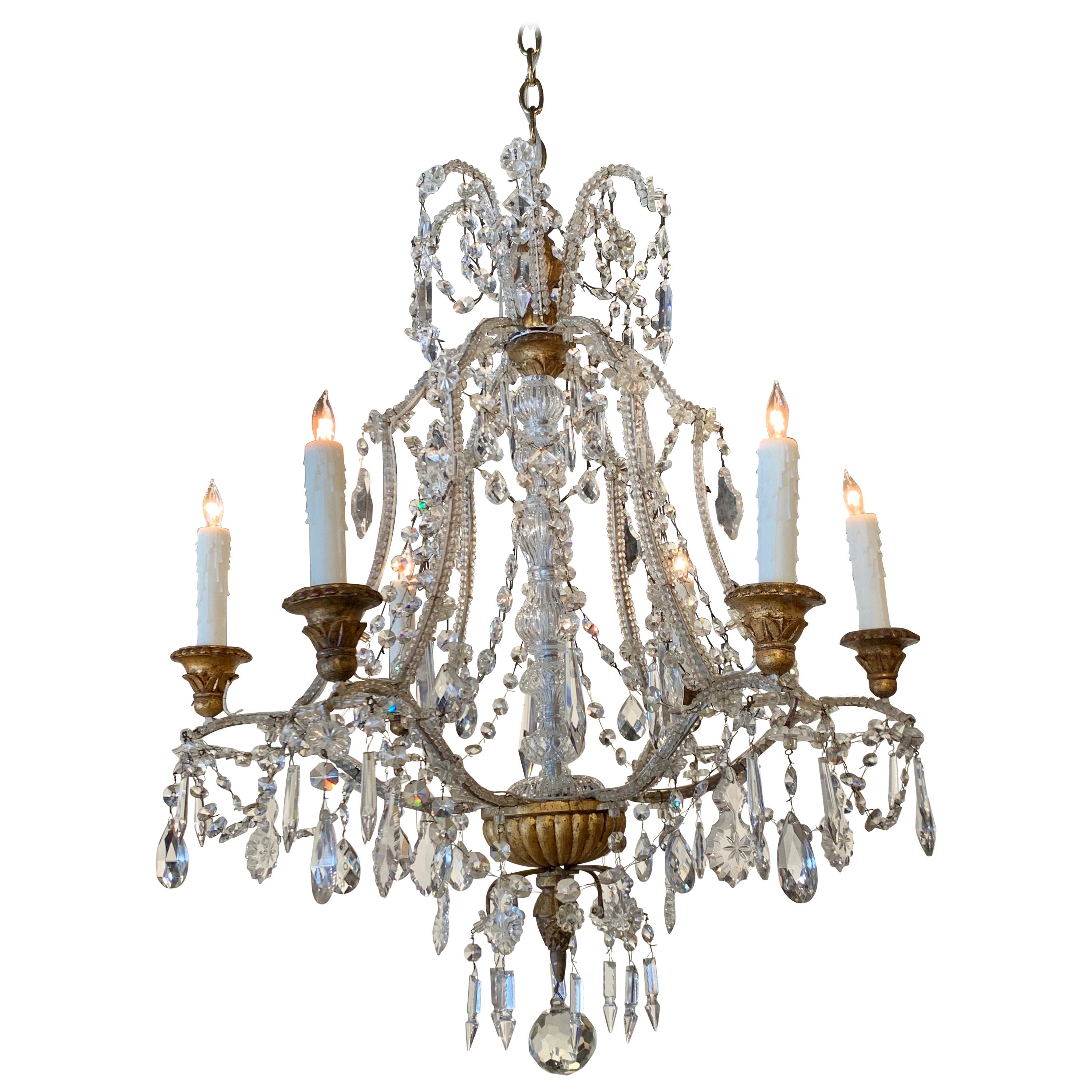 Antique Italian Beaded Crystal 6-Light Chandelier