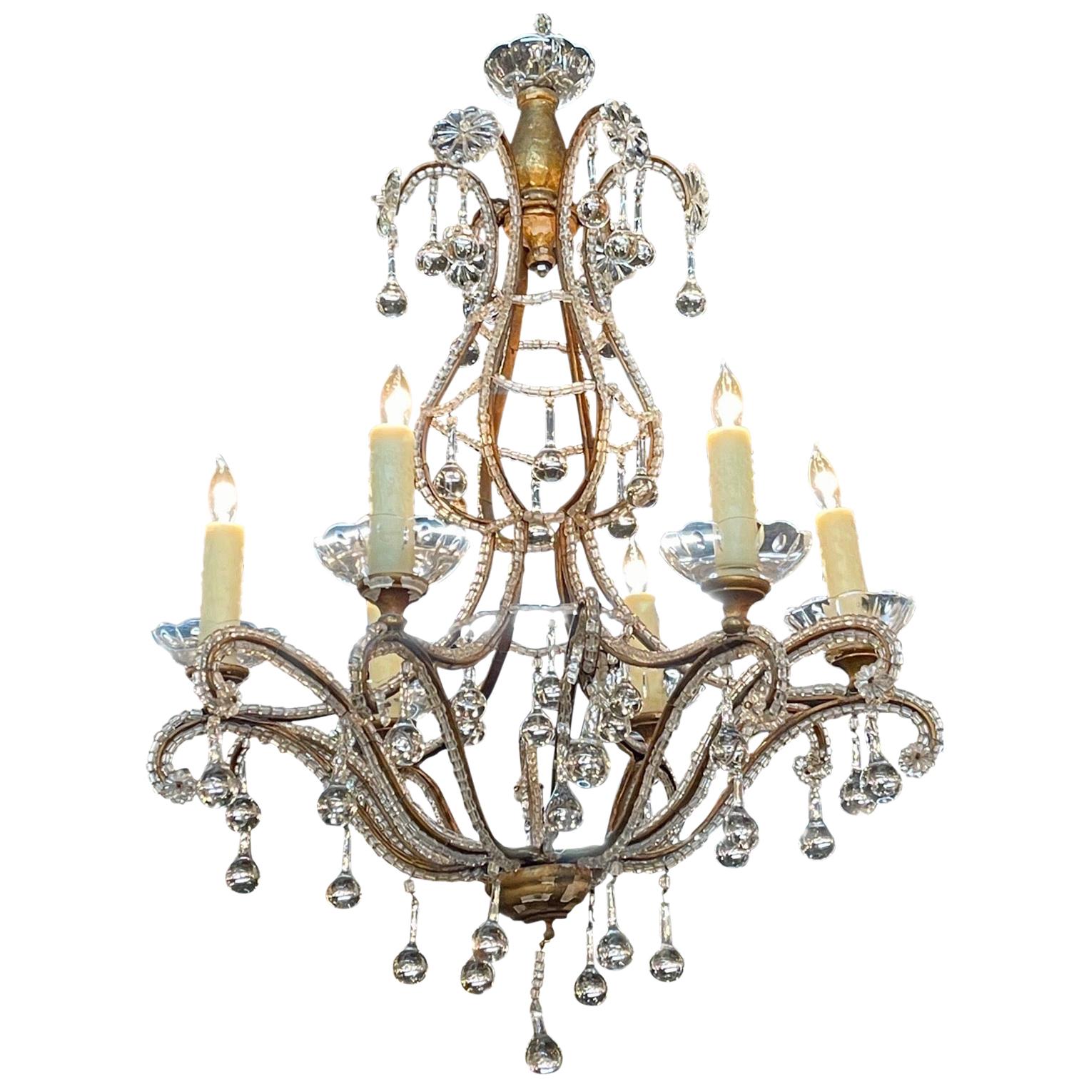 Antique Italian Beaded Crystal 6-Light Chandeliers For Sale