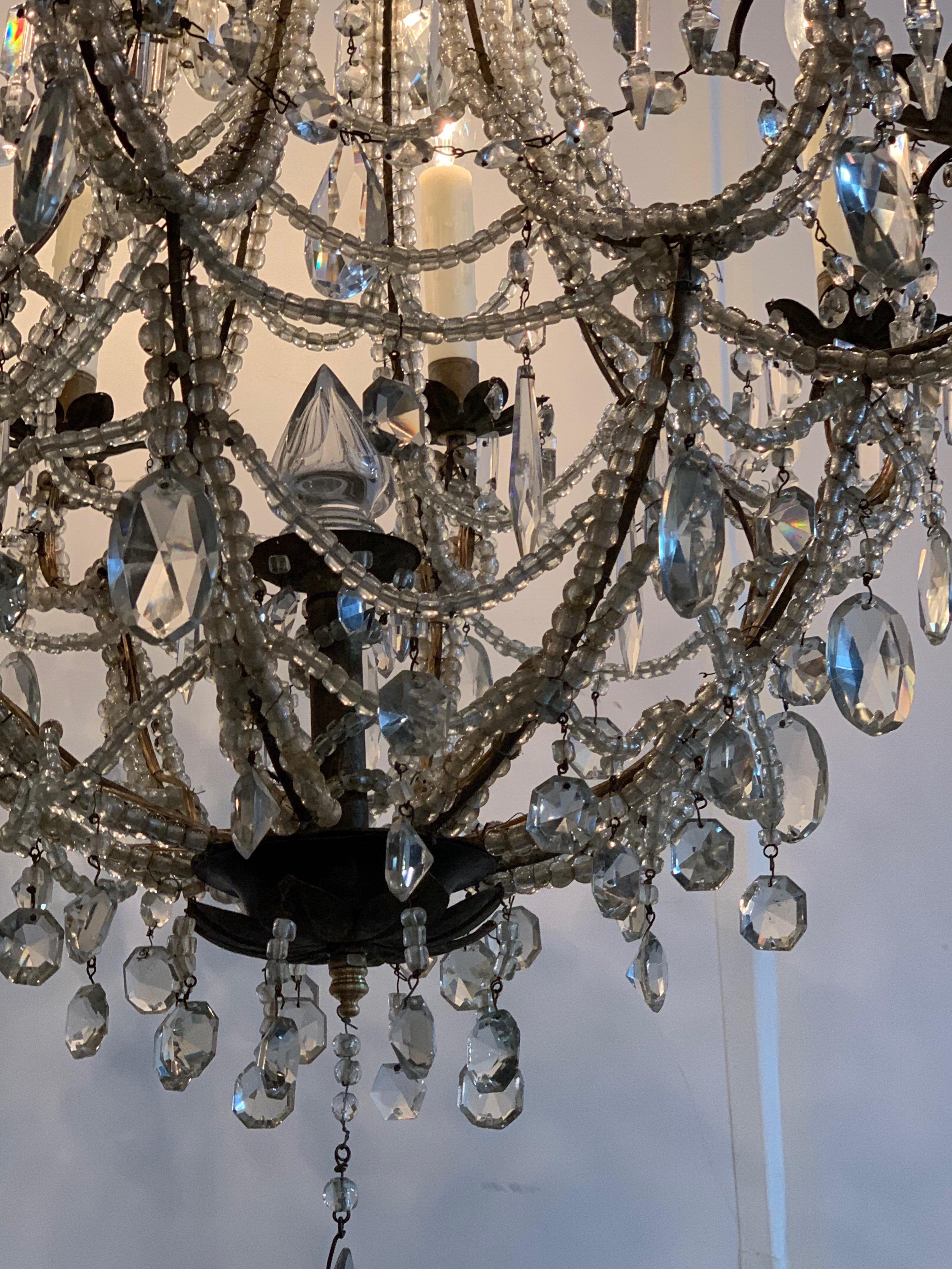 Antique Italian Beaded Crystal 8-Light Chandelier In Good Condition In Dallas, TX