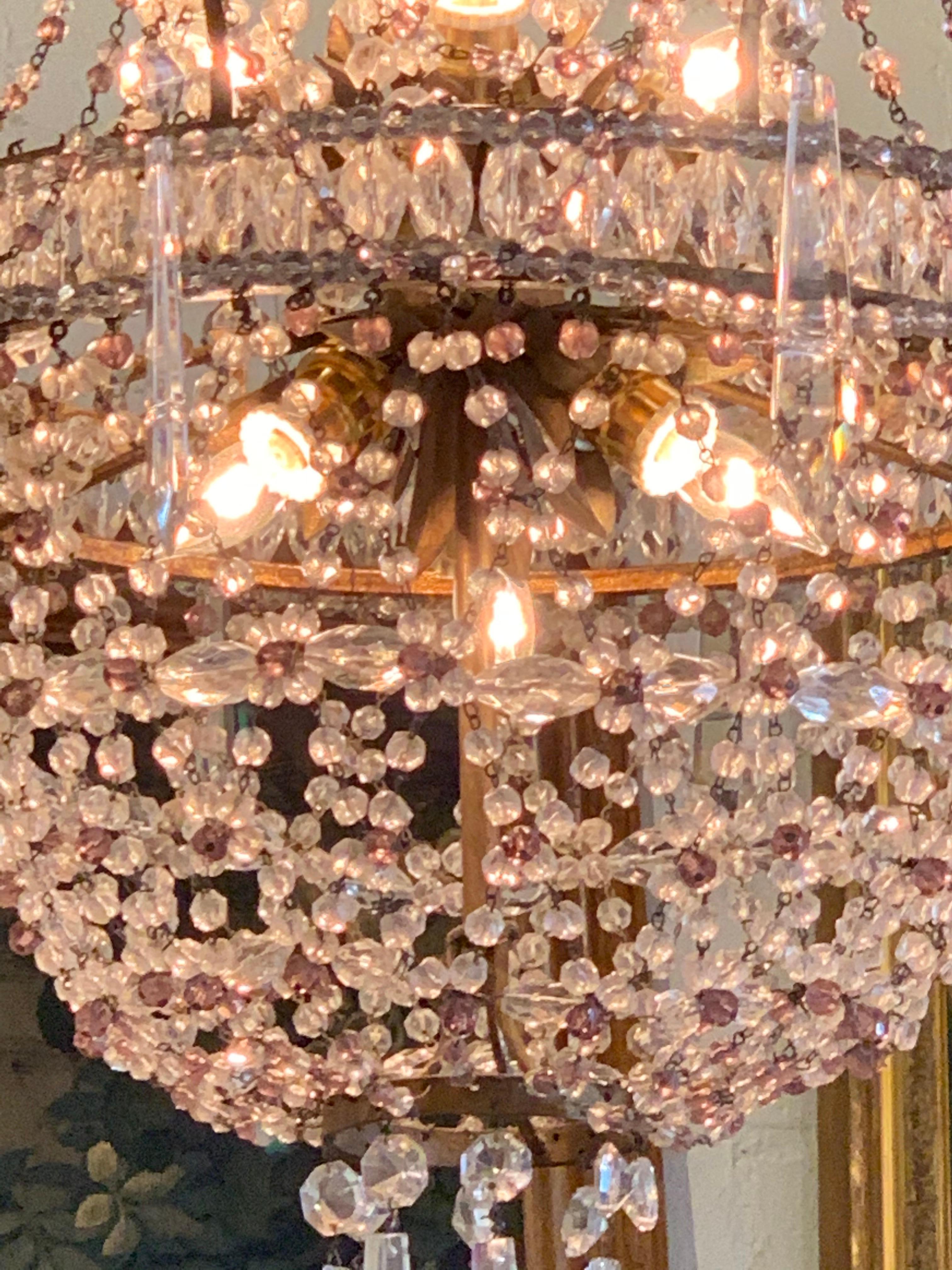 Beautiful antique Italian beaded crystal and amethyst basket form chandelier. Featuring lovely flowers made of crystals with amethyst centers. Very fine quality! So pretty!