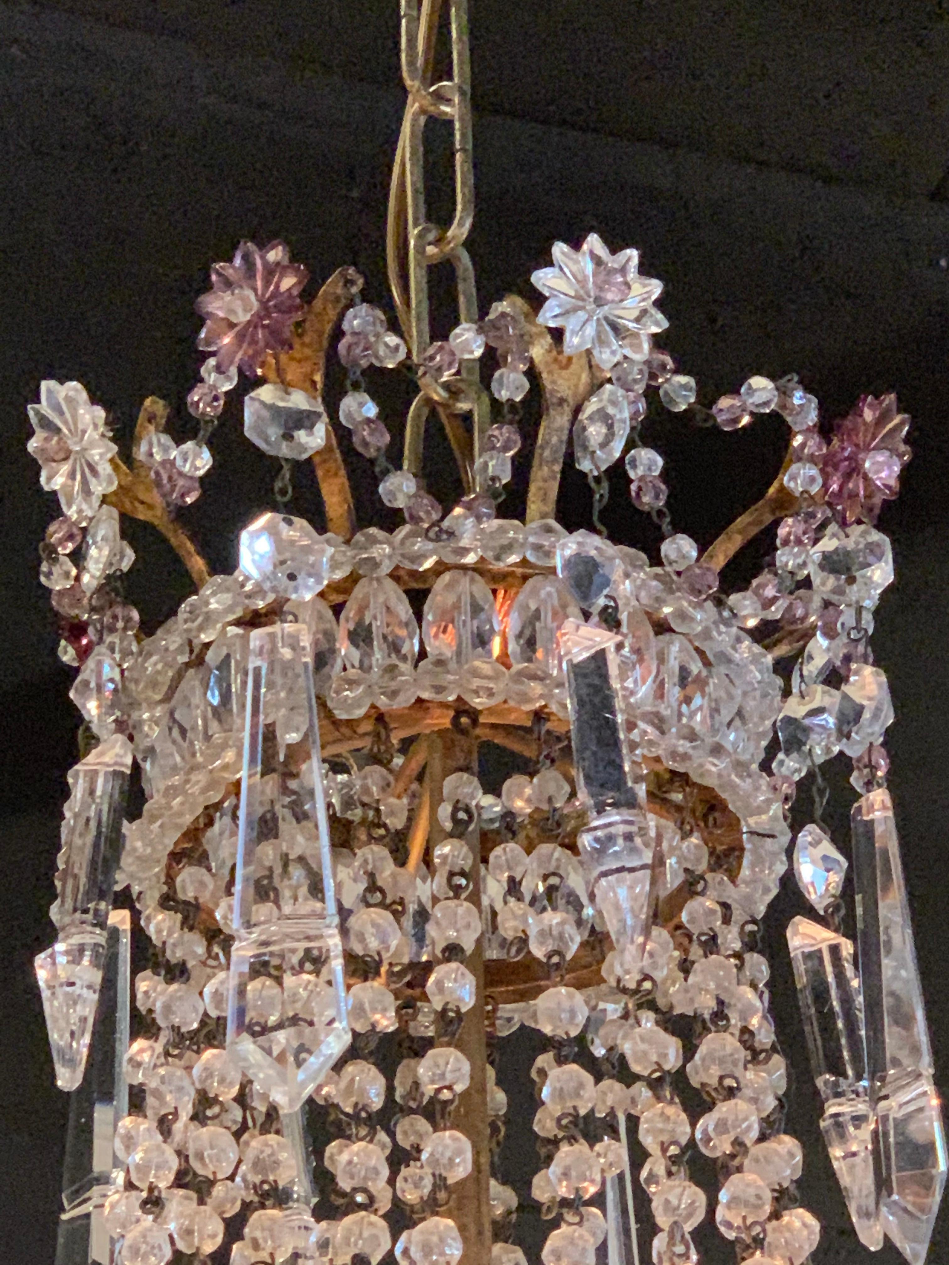 19th Century Antique Italian Beaded Crystal and Amethyst Basket Form Chandelier