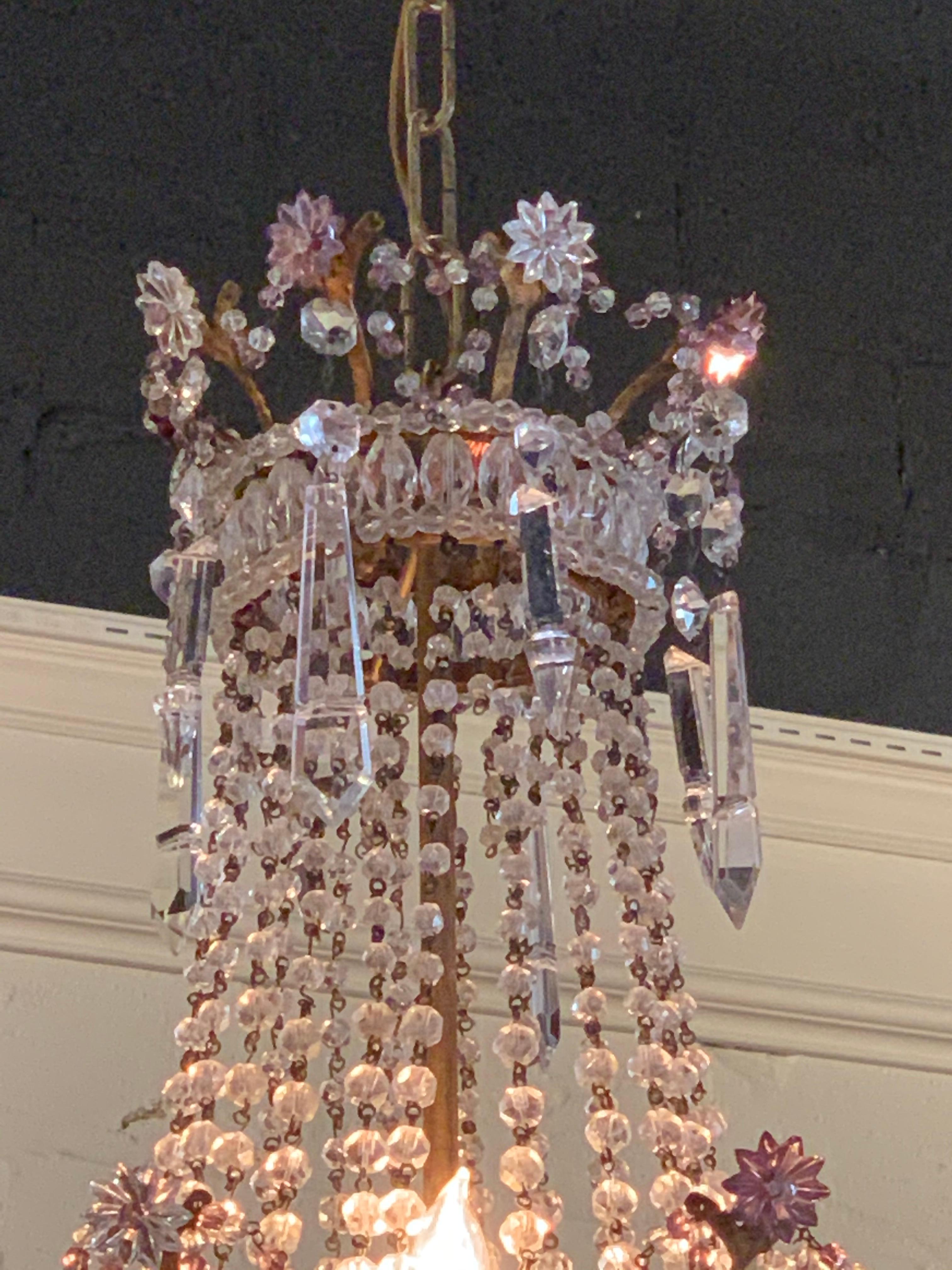 Antique Italian Beaded Crystal and Amethyst Basket Form Chandelier 1