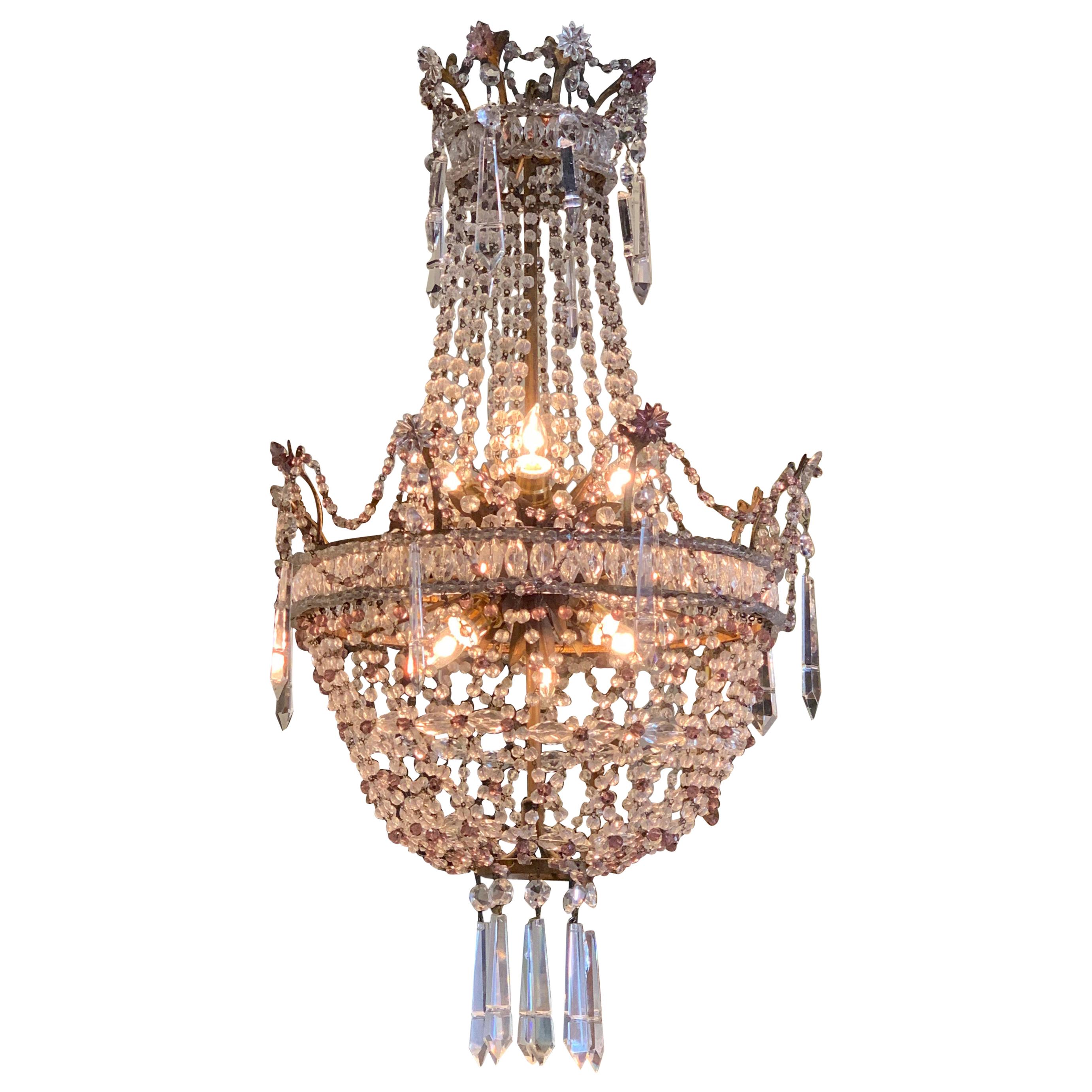 Antique Italian Beaded Crystal and Amethyst Basket Form Chandelier