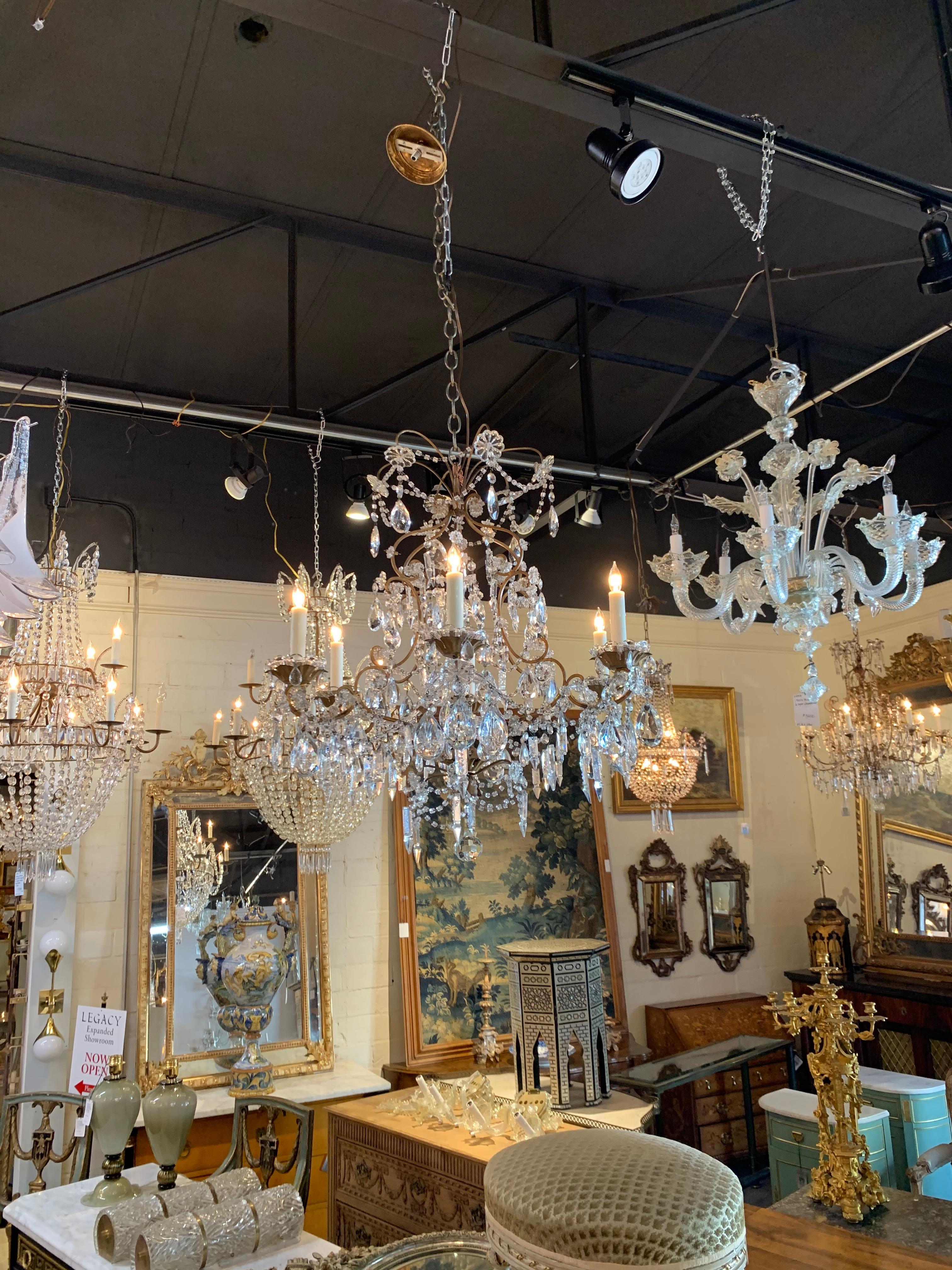 Elegant antique Italian beaded crystal chandelier with 6 lights. Dripping with beautiful crystals. Great scale and shape as well. A very fine quality piece!