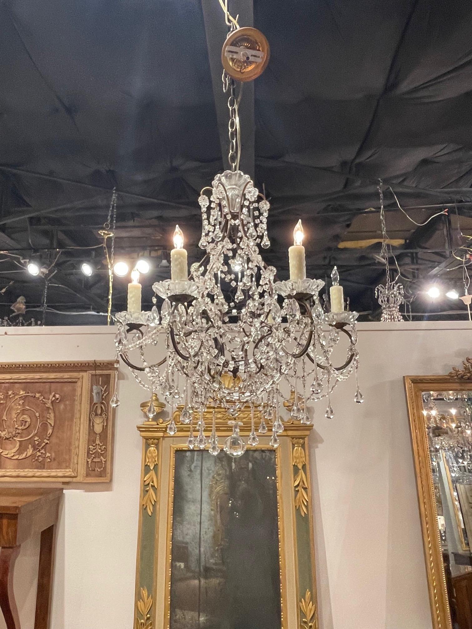 Beautiful antique Italian beaded crystal chandelier with drops. Very nice scale and shape and covers in gorgeous crystals. So pretty!