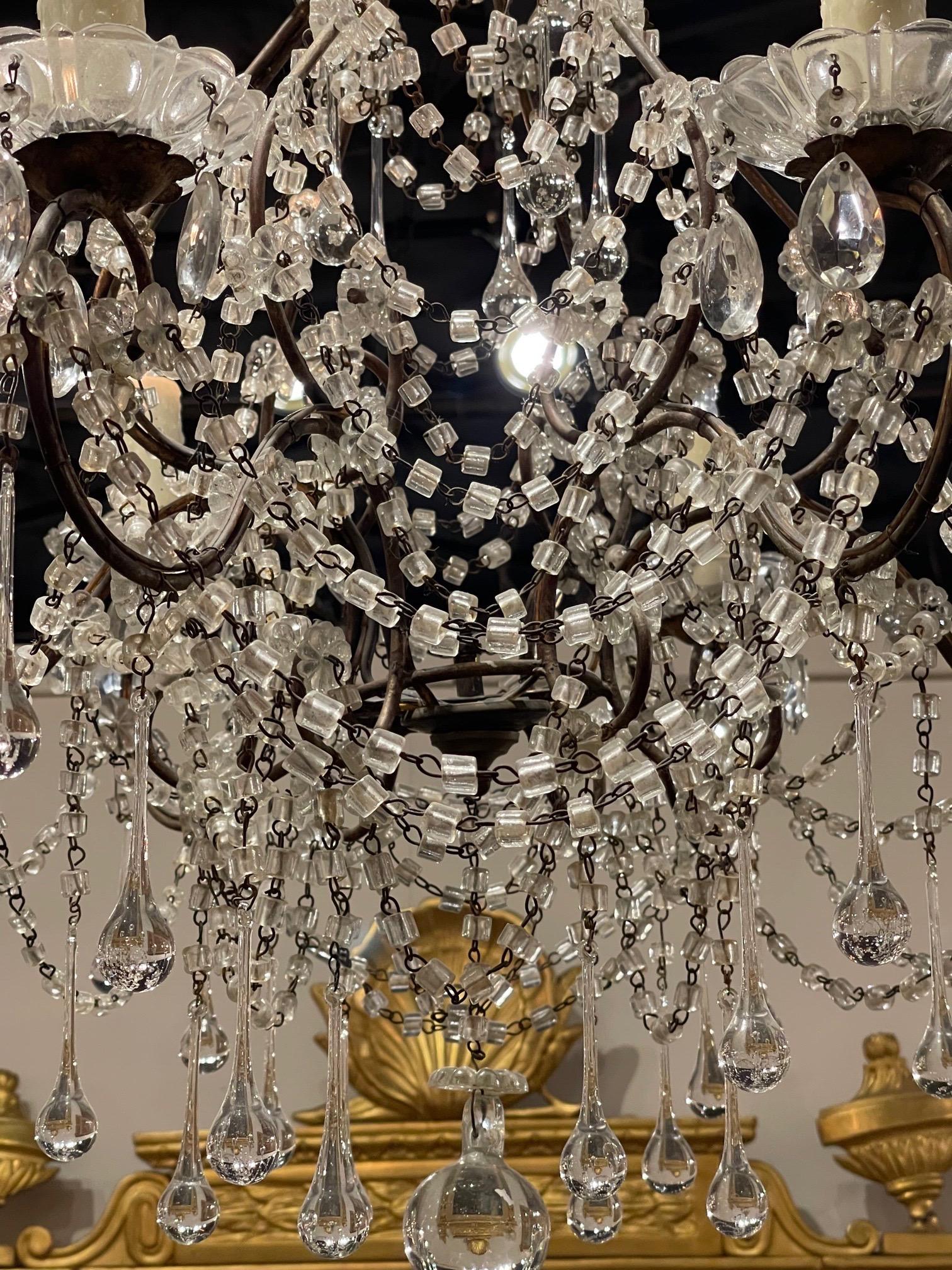 Antique Italian Beaded Crystal Chandelier with Drops In Good Condition In Dallas, TX