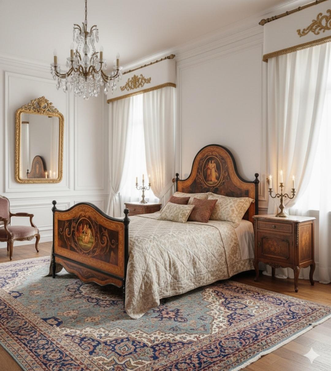 Ce lit double en fer Napoléon III italien ancien est un ajout luxueux et élégant à toute chambre à coucher. Fabriqué en fer avec des incrustations complexes de scènes romantiques, ce lit est doté d'une tête et d'un pied de lit hauts, mesurant