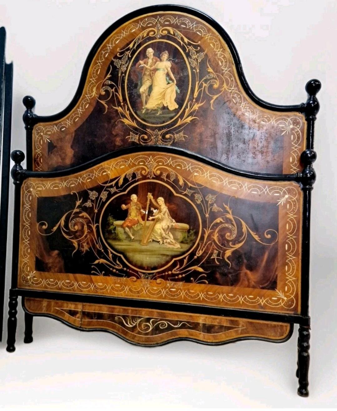 Incrusté Ancien Lit Italien Napoléon III Période Fer Double Taille en vente