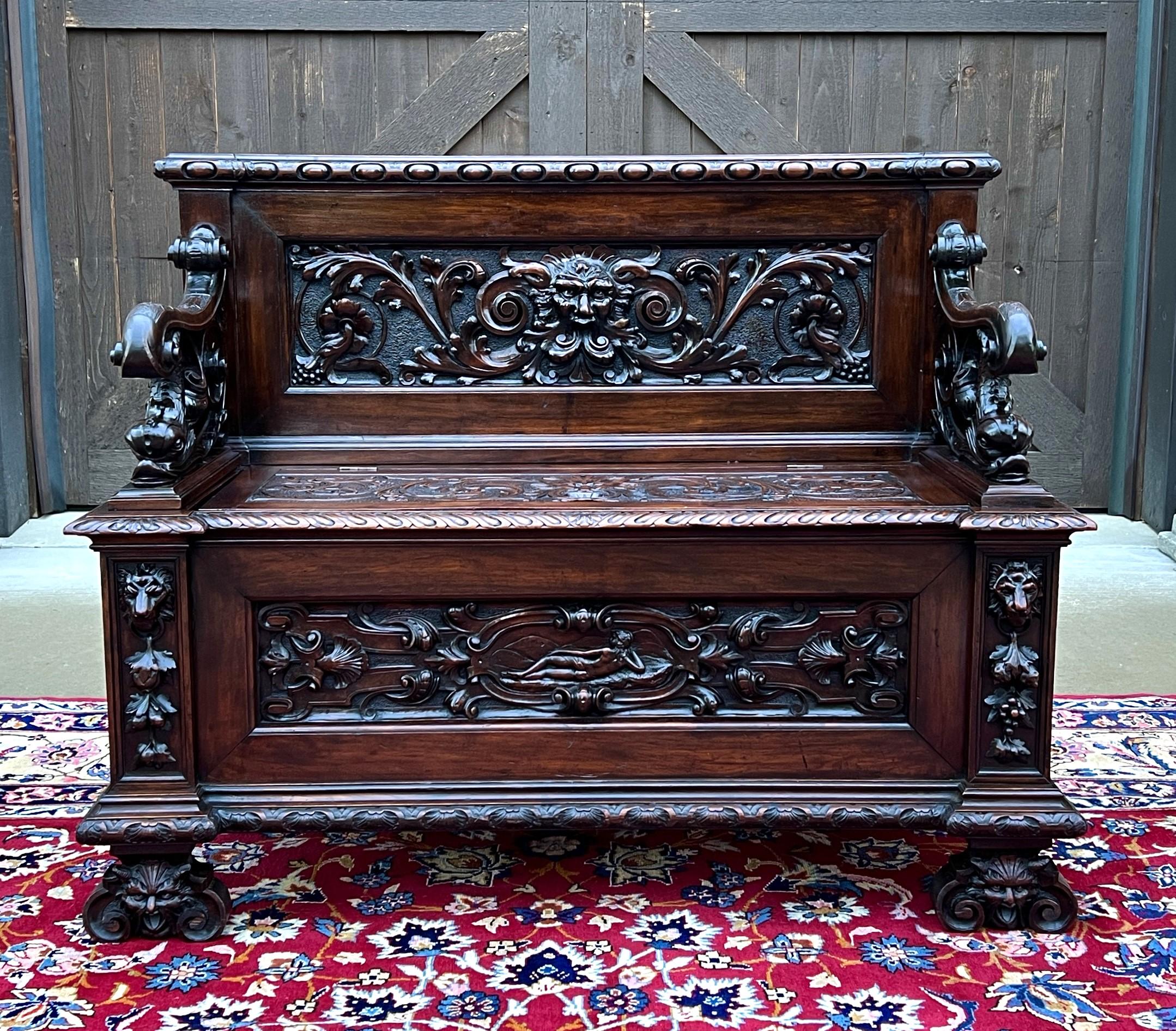 Carved Antique Italian Bench Settee Entry Hall Bench Renaissance Revival Walnut 19th C For Sale