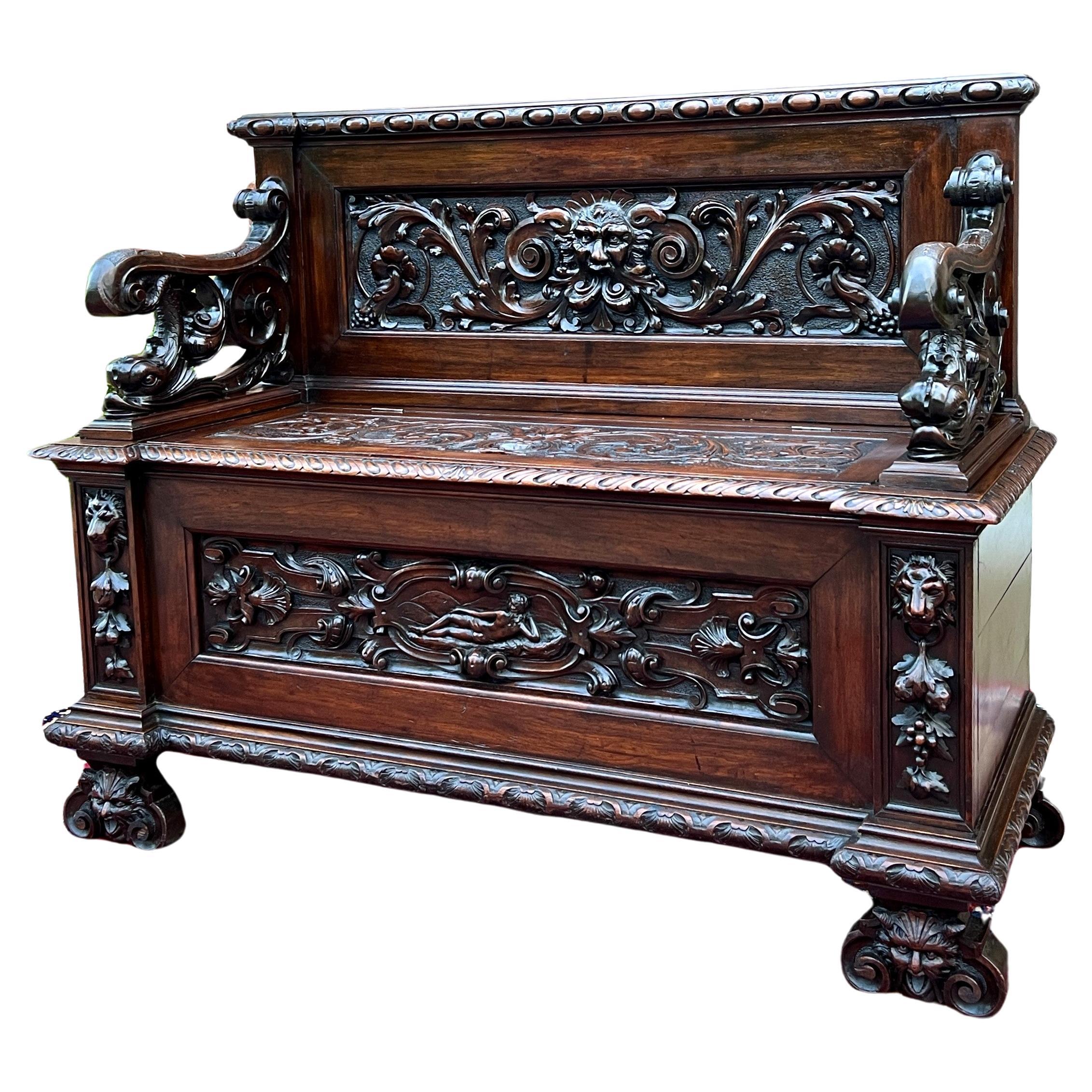 Antique Italian Bench Settee Entry Hall Bench Renaissance Revival Walnut 19th C For Sale