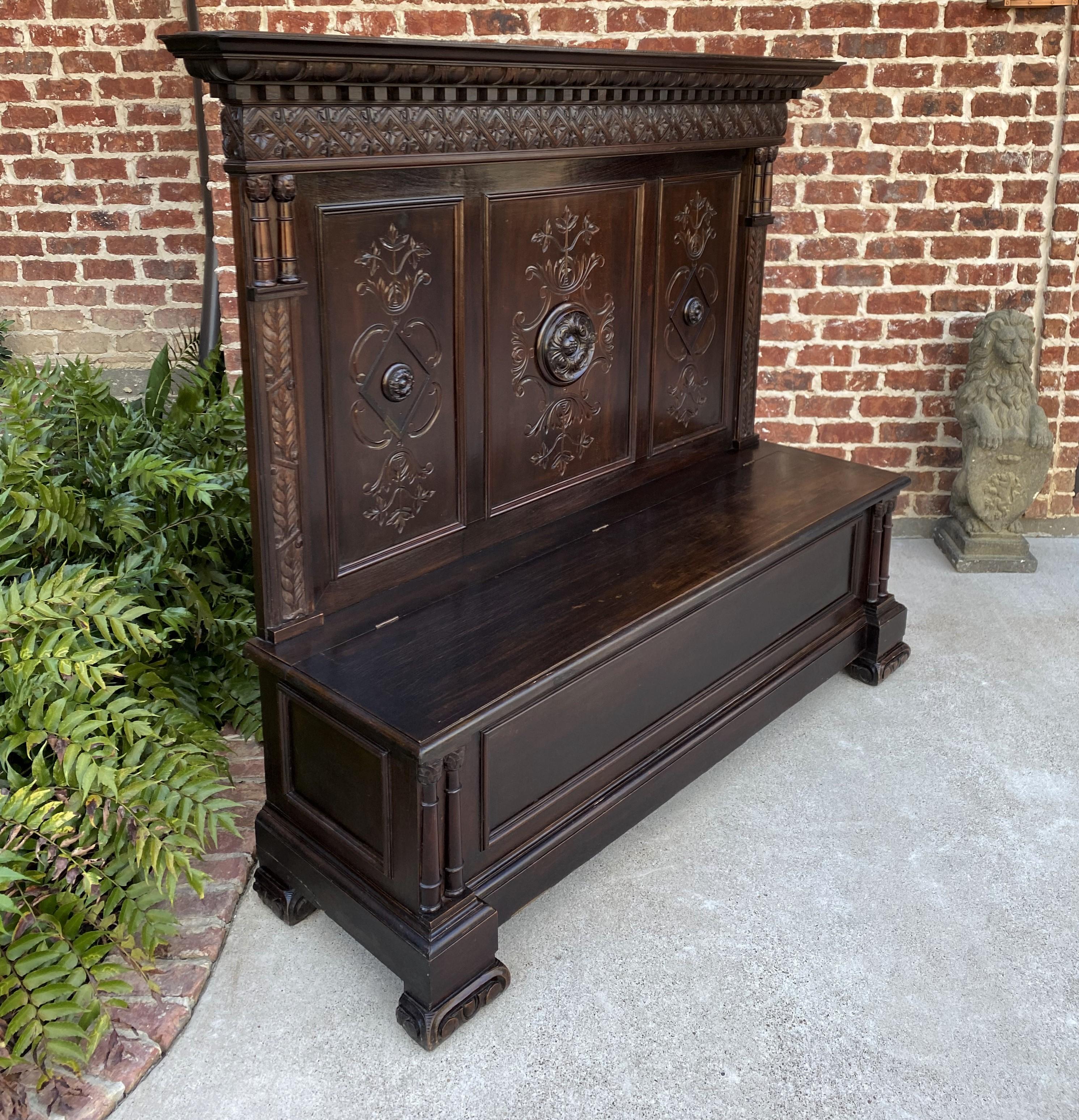 19th Century Antique Italian Bench Settee Entry Hall Foyer Renaissance Revival Oak 19th C For Sale