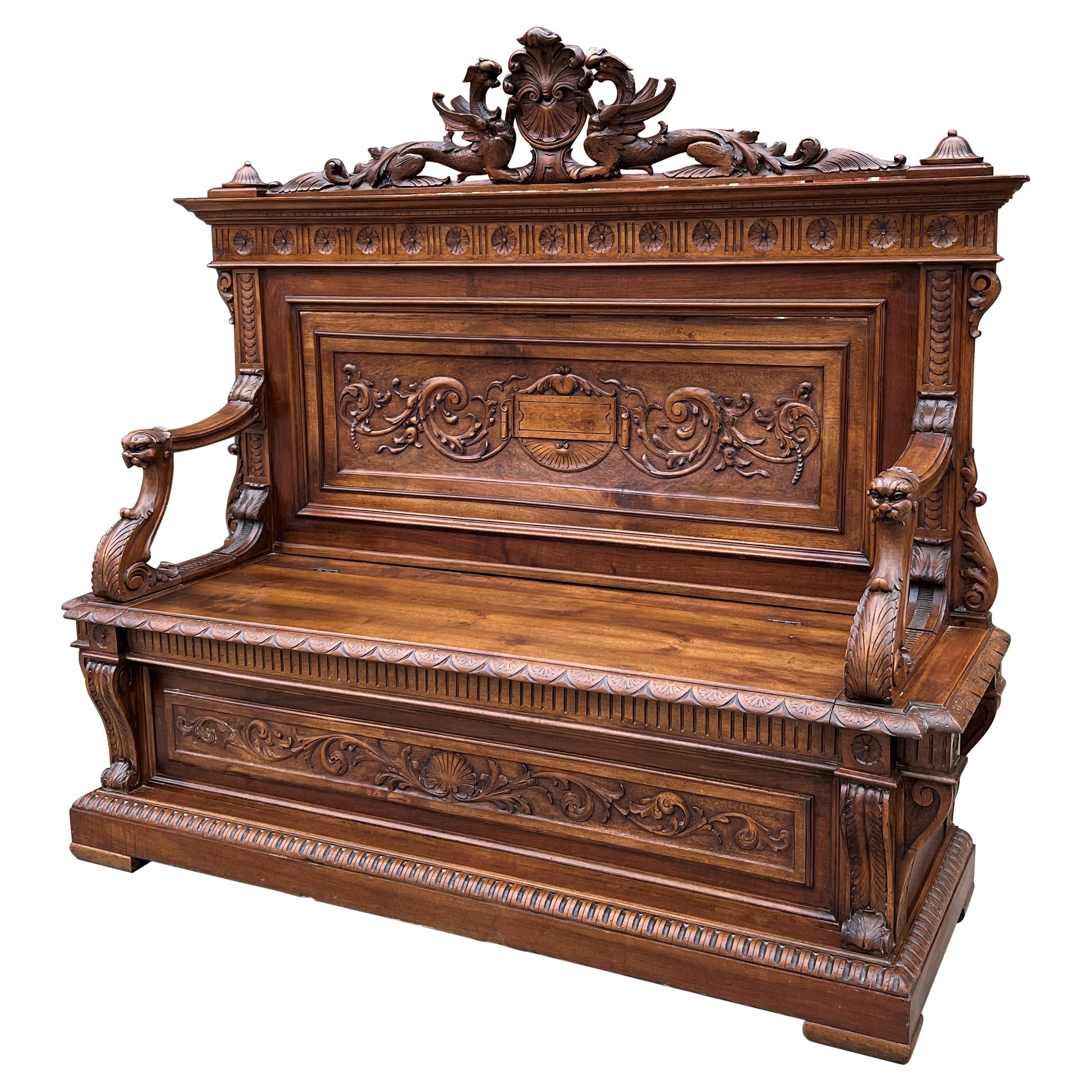 Antique Italian Bench Settee Entry Hall Foyer Renaissance Revival Walnut 19th C