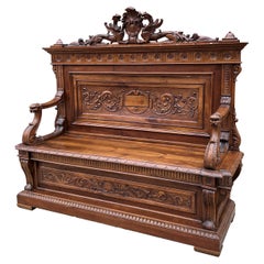 Antique Italian Bench Settee Entry Hall Foyer Renaissance Revival Walnut 19th C