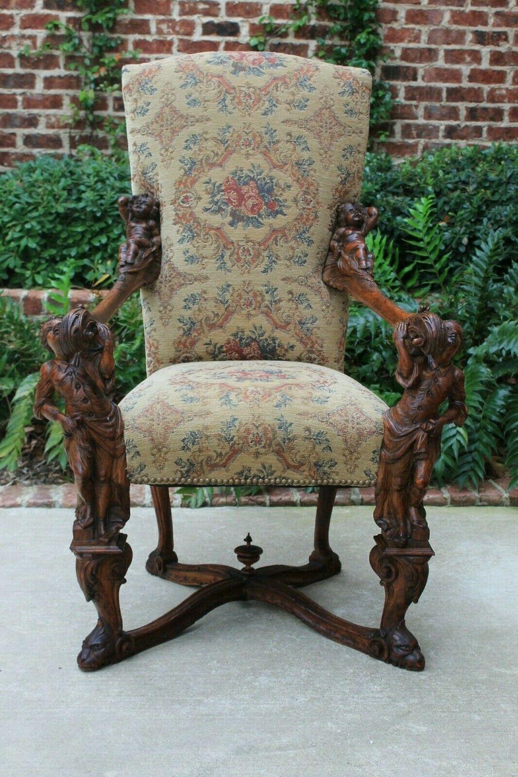 Antique Italian Besarel Walnut Arm Chair Baroque Upholstered Mid-19th C Rare For Sale 7