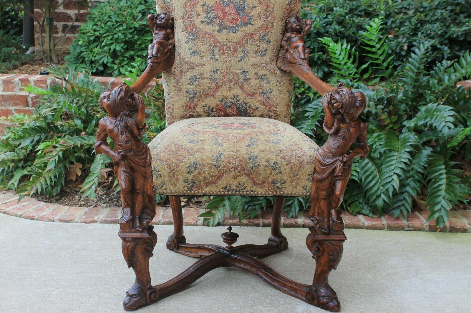 Carved Antique Italian Besarel Walnut Arm Chair Baroque Upholstered Mid-19th C Rare For Sale