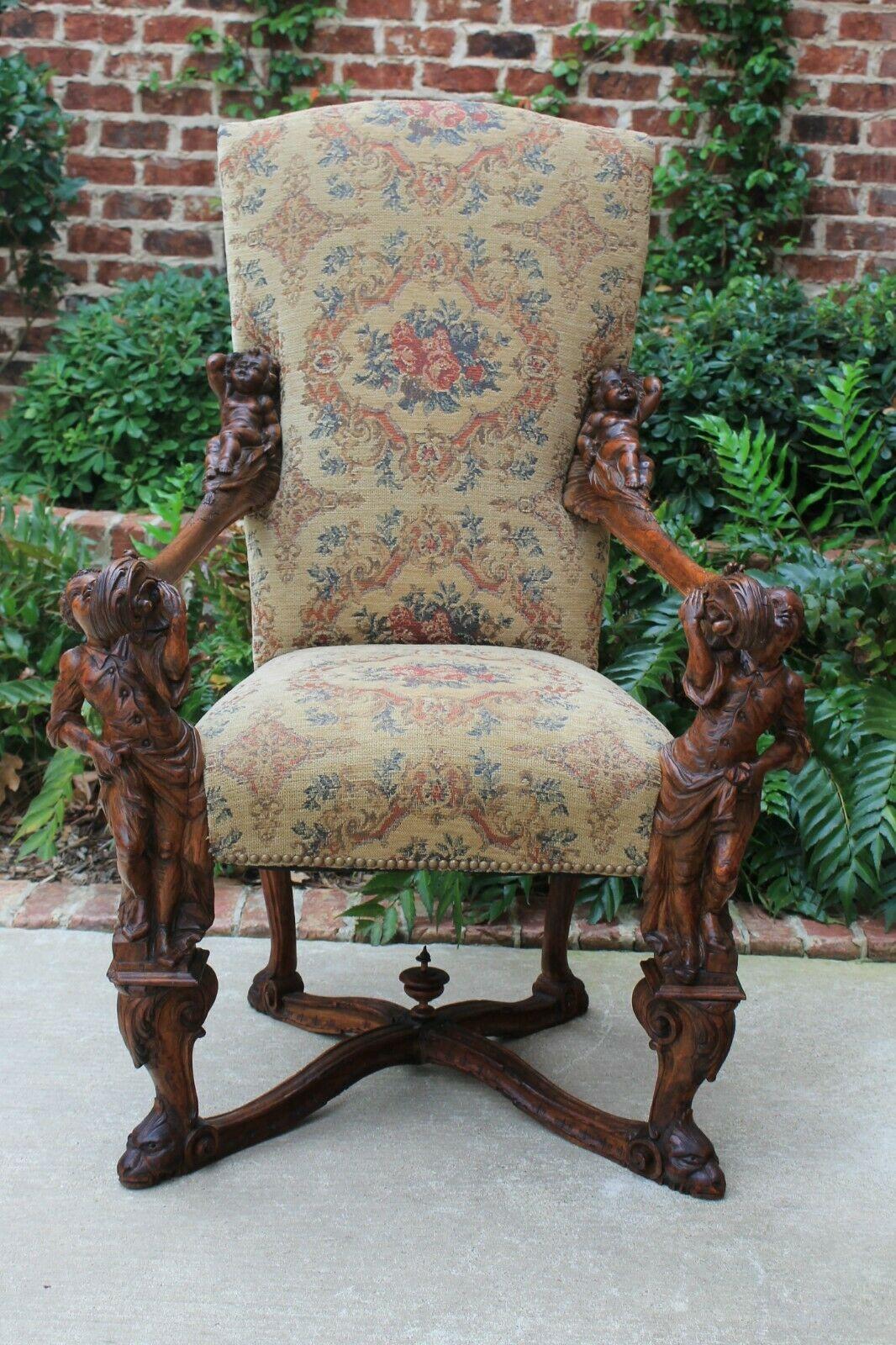 Antique Italian Besarel Walnut Arm Chair Baroque Upholstered Mid-19th C Rare For Sale 1
