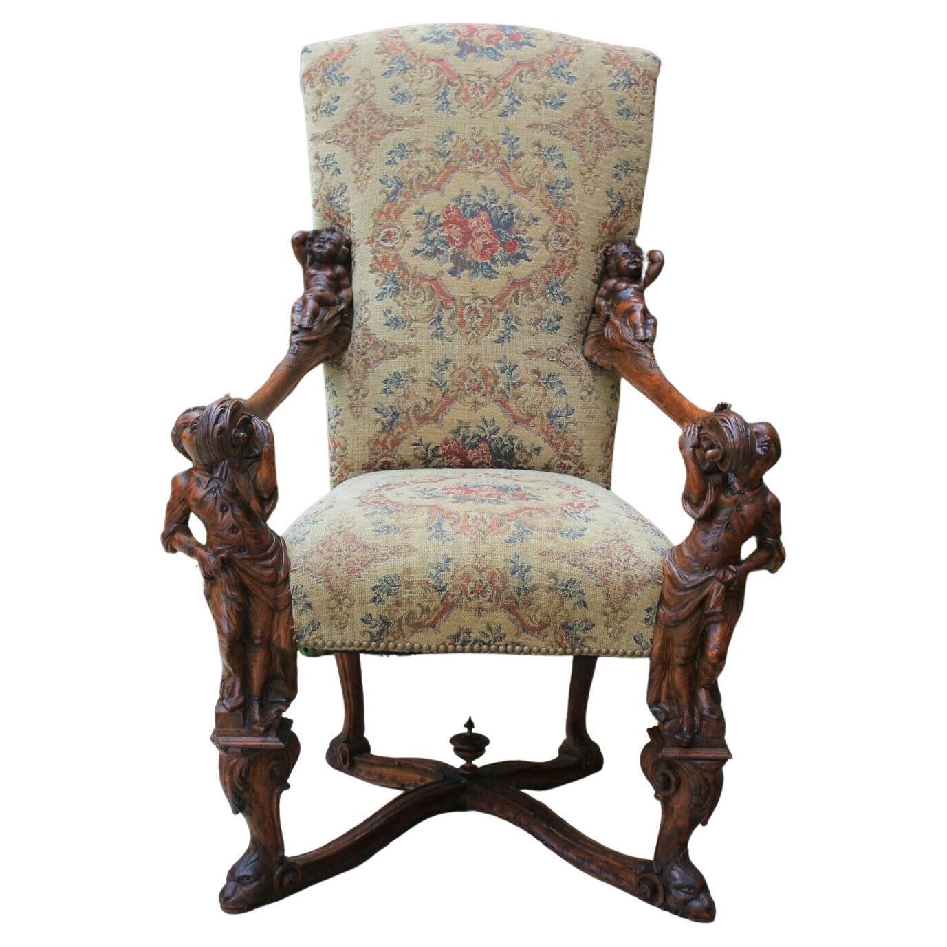 Antique Italian Besarel Walnut Arm Chair Baroque Upholstered Mid-19th C Rare