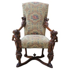 Antique Italian Besarel Walnut Arm Chair Baroque Upholstered Mid-19th C Rare