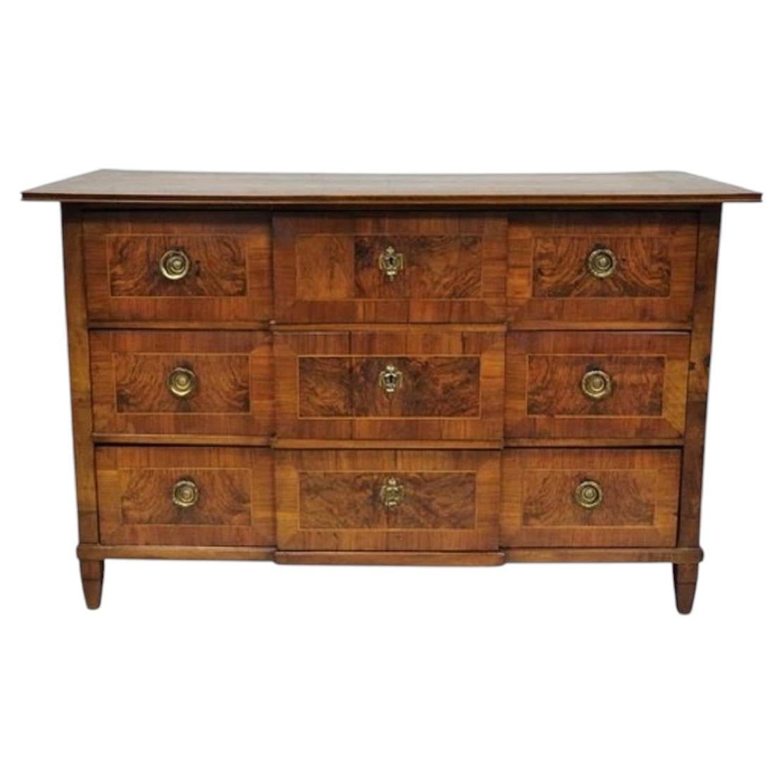 Antique Italian Biedermeier Burr Walnut 3 Drawer Commode Dresser Chest of Drawer For Sale
