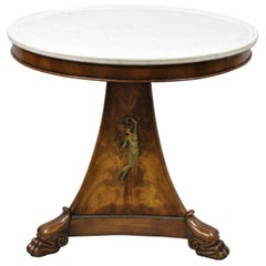 Ancienne table centrale italienne Biedermeier Empire à plateau rond en marbre et bronze doré