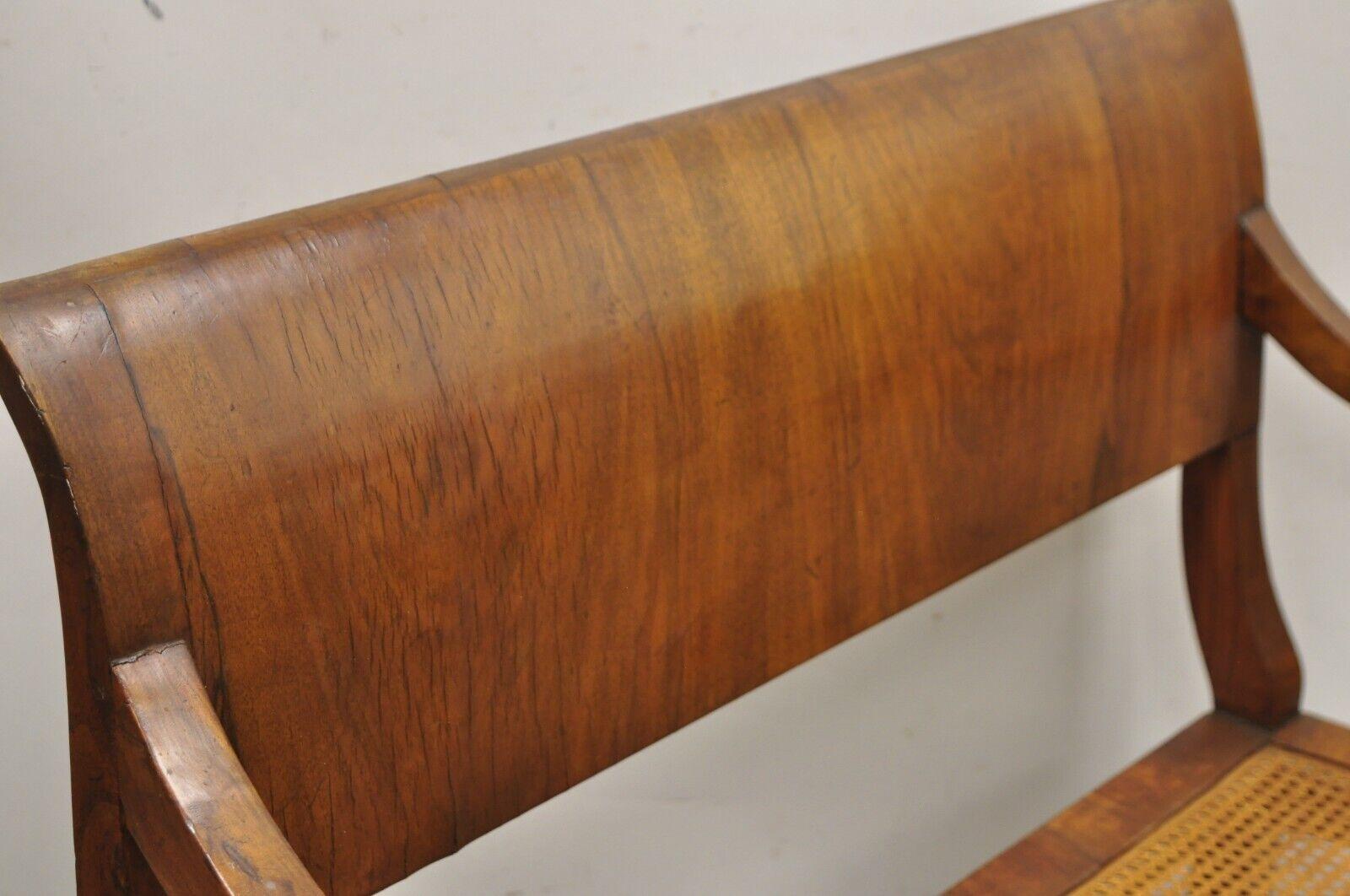 20th Century Antique Italian Biedermeier Style Elm Wood Cane Seat Walnut Bench Settee