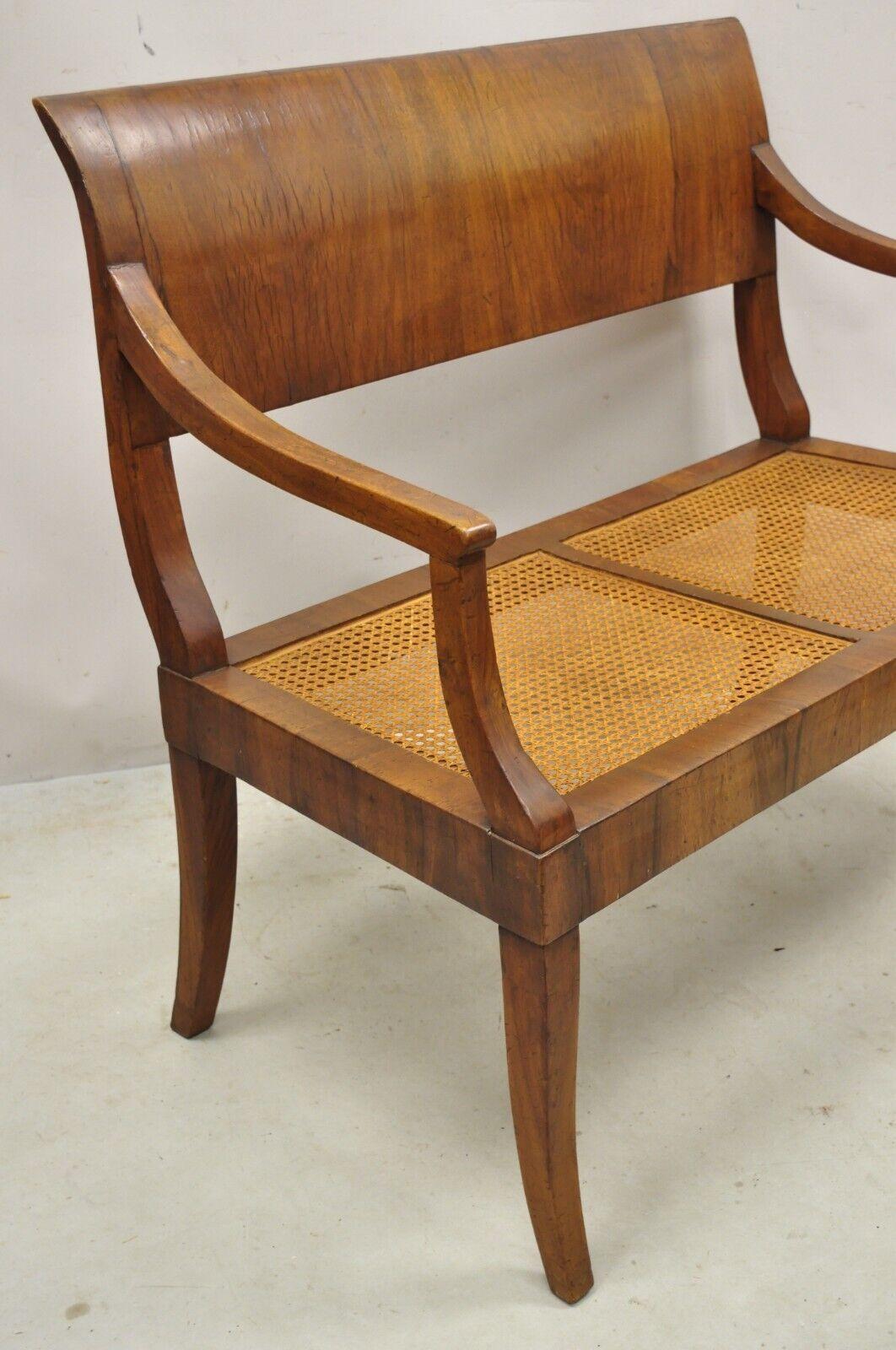 Antique Italian Biedermeier Style Elm Wood Cane Seat Walnut Bench Settee 1