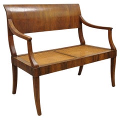 Antique Italian Biedermeier Style Elm Wood Cane Seat Walnut Bench Settee