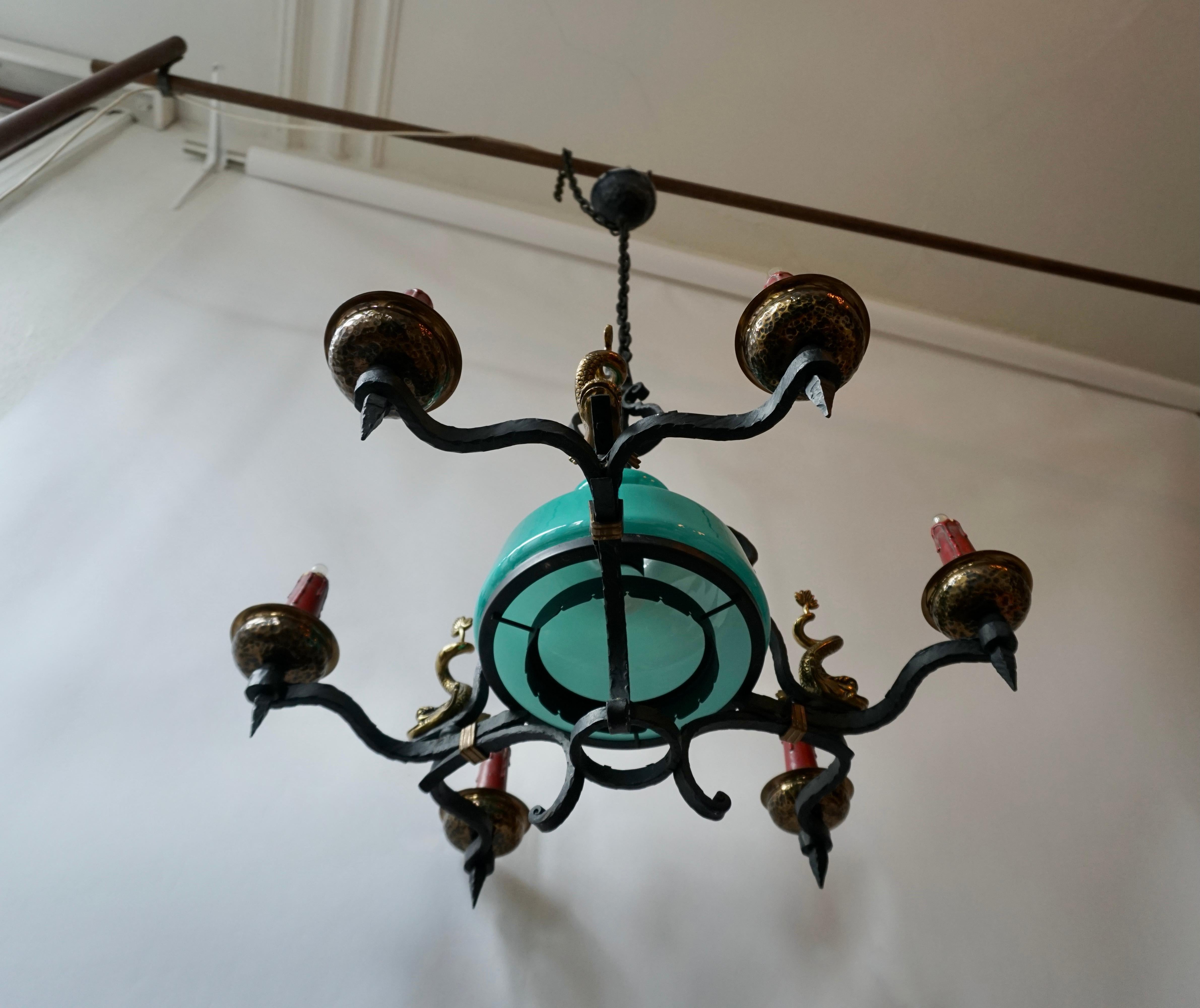 Antique Italian Black Wrought Iron and Green Murano Glass Chandelier 5