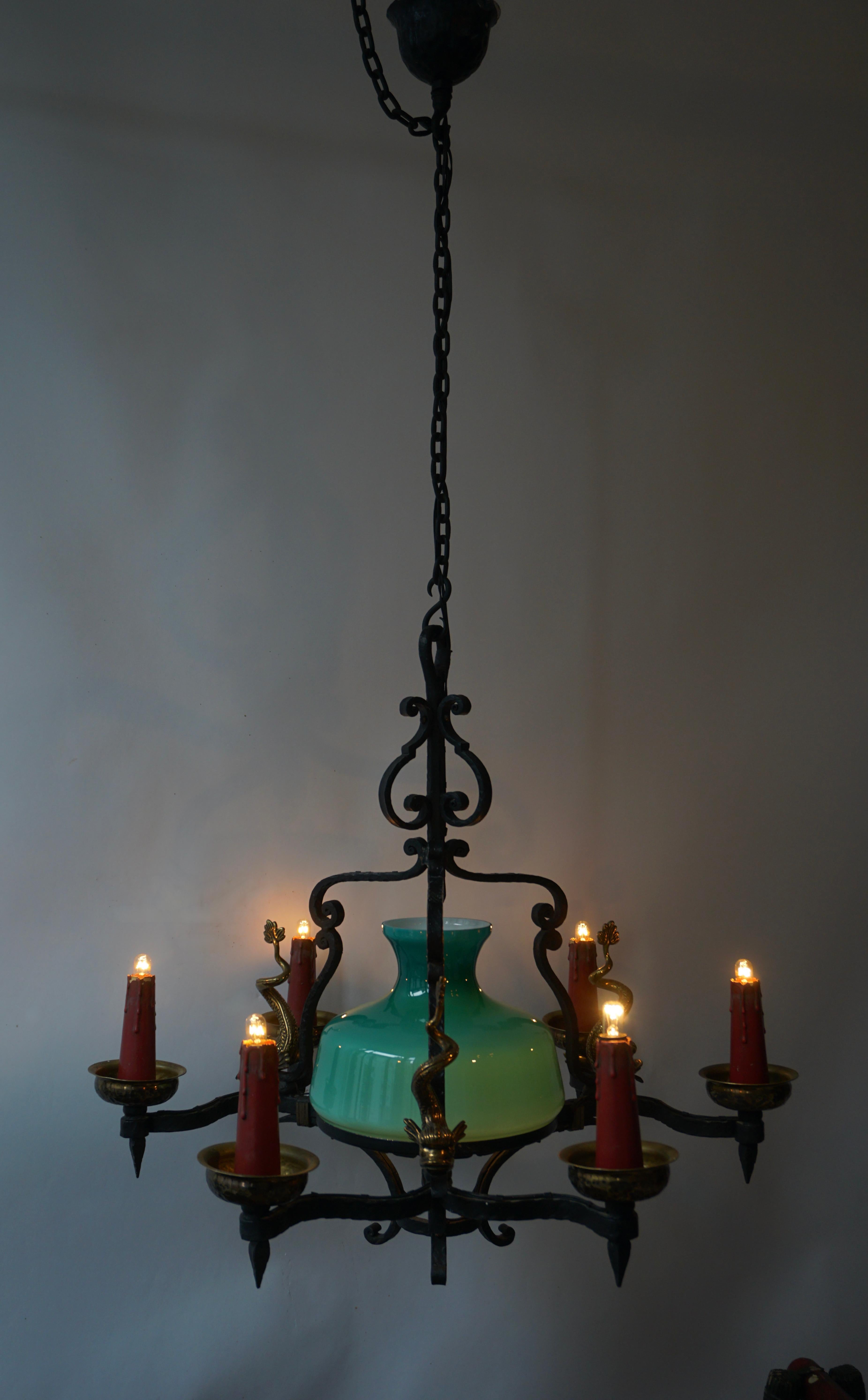 Antique Italian Black Wrought Iron and Green Murano Glass Chandelier 7