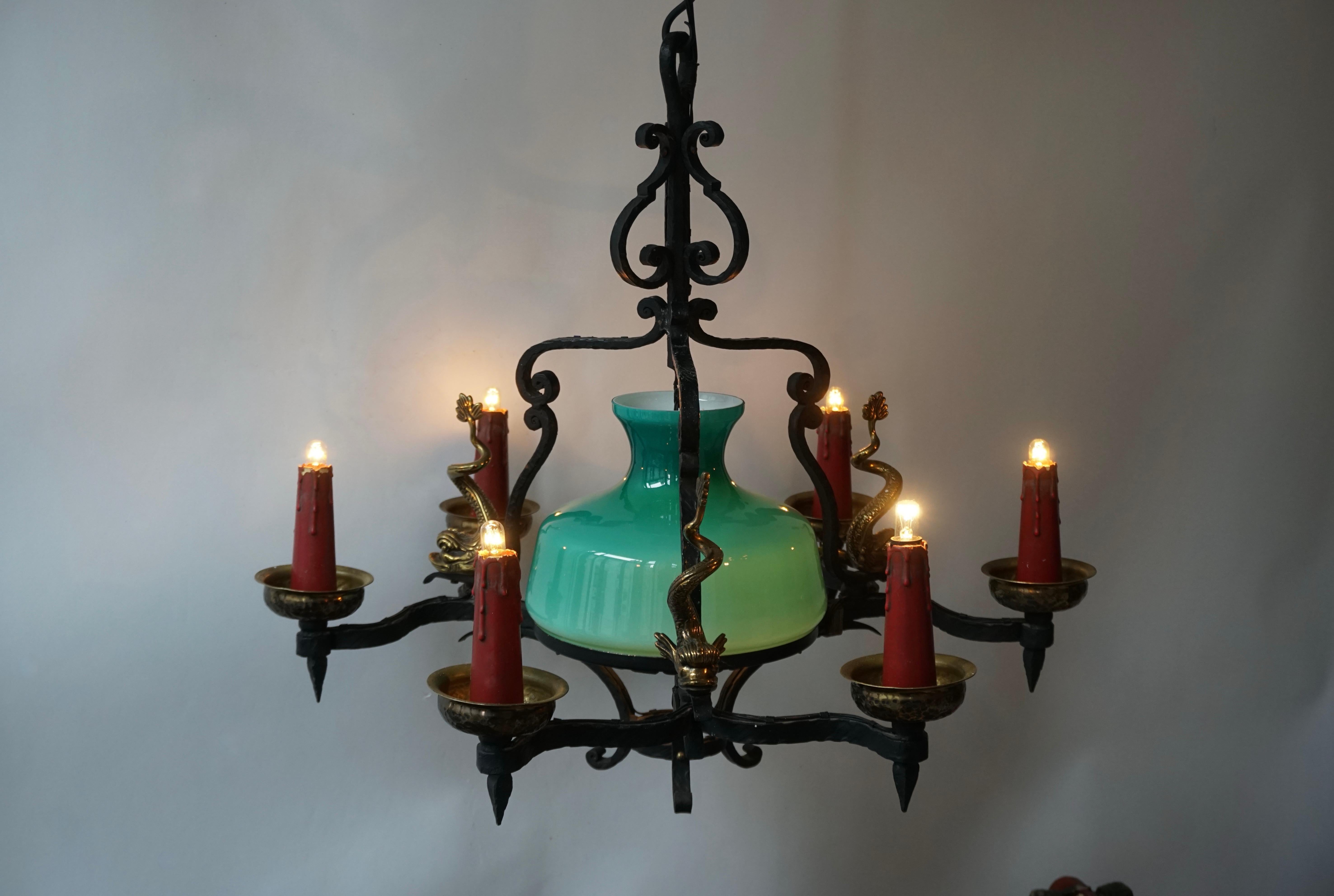 Antique Italian Black Wrought Iron and Green Murano Glass Chandelier 8