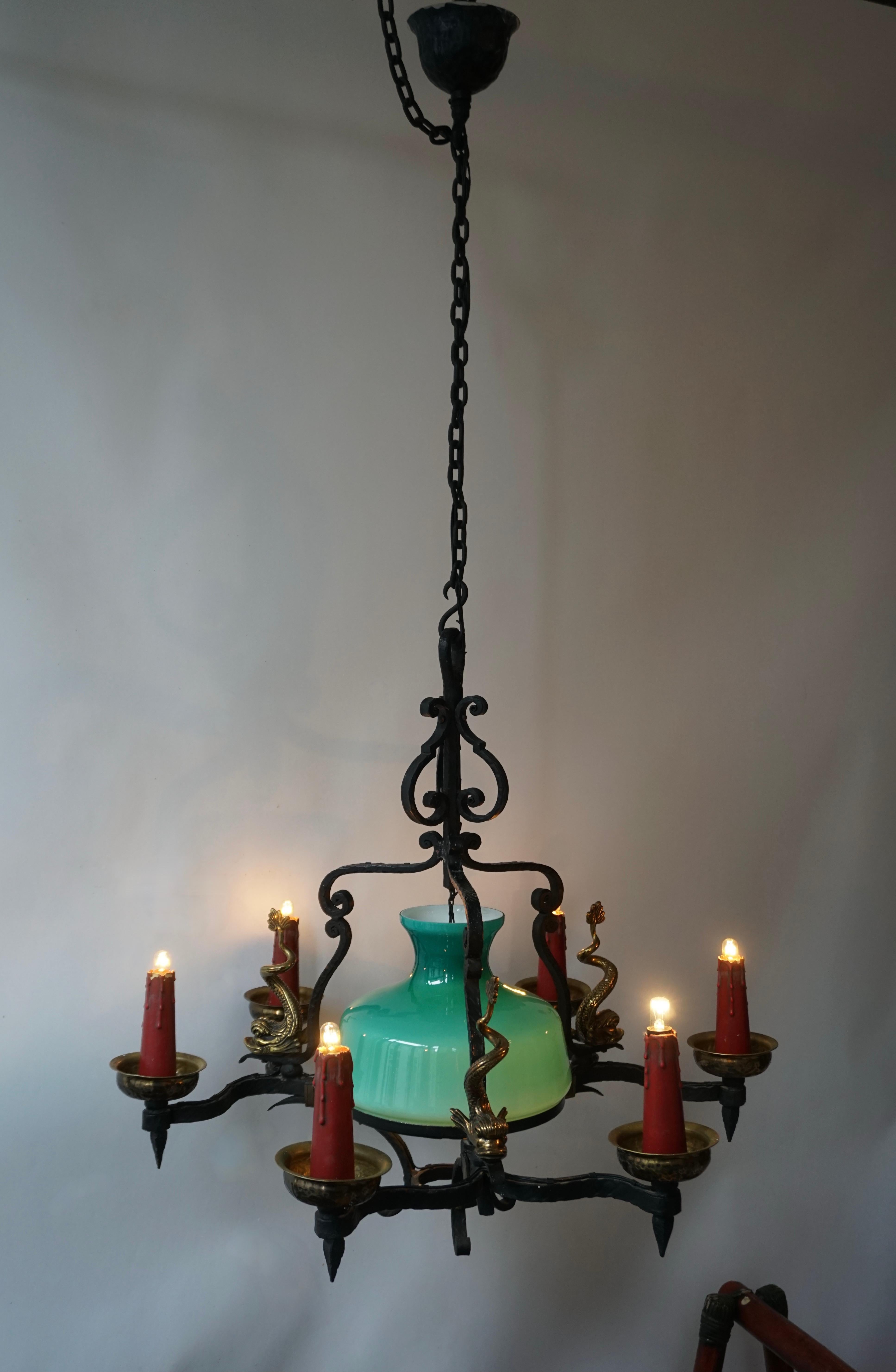Mid-Century Modern Antique Italian Black Wrought Iron and Green Murano Glass Chandelier