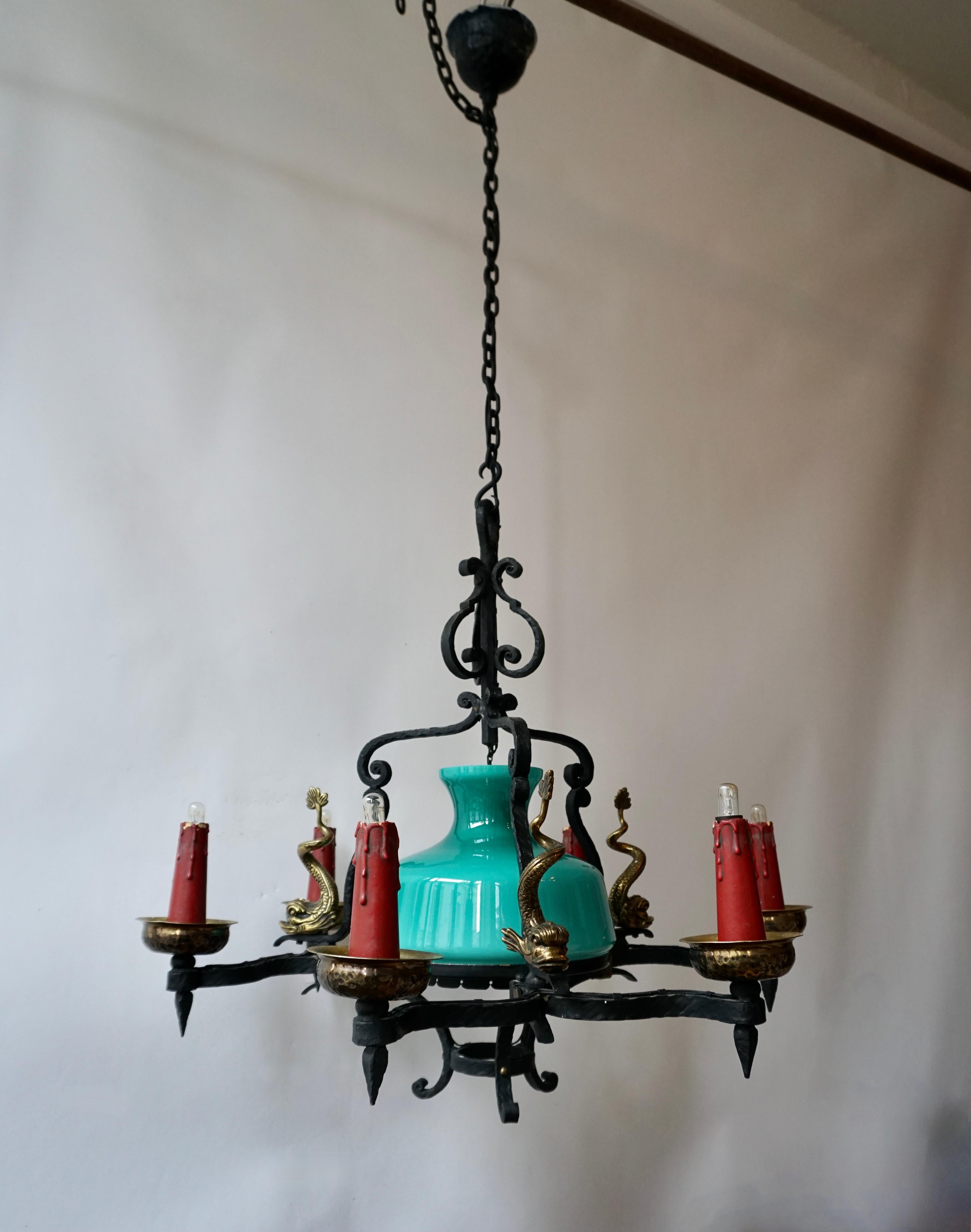 Antique Italian Black Wrought Iron and Green Murano Glass Chandelier In Good Condition In Antwerp, BE