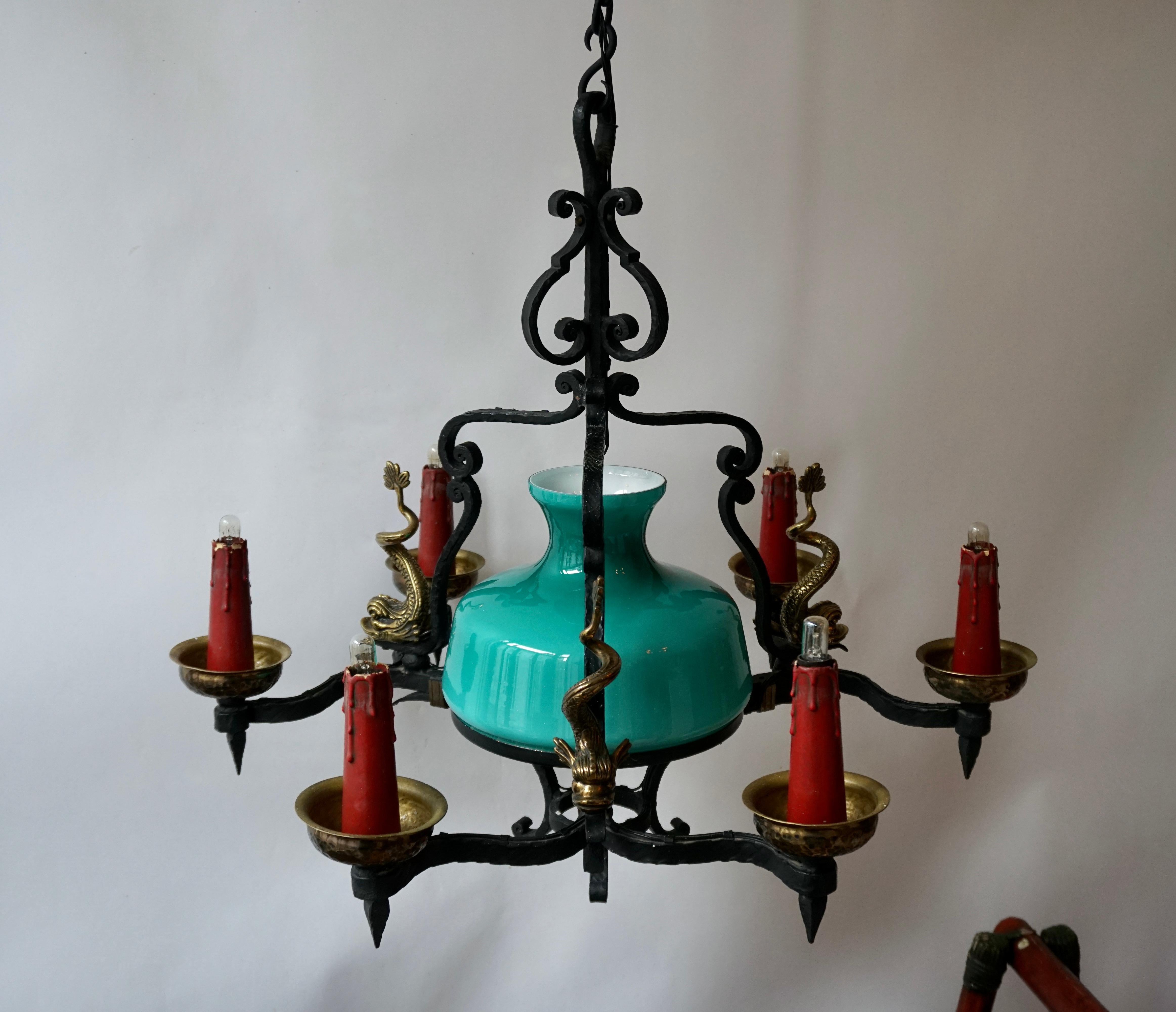 20th Century Antique Italian Black Wrought Iron and Green Murano Glass Chandelier