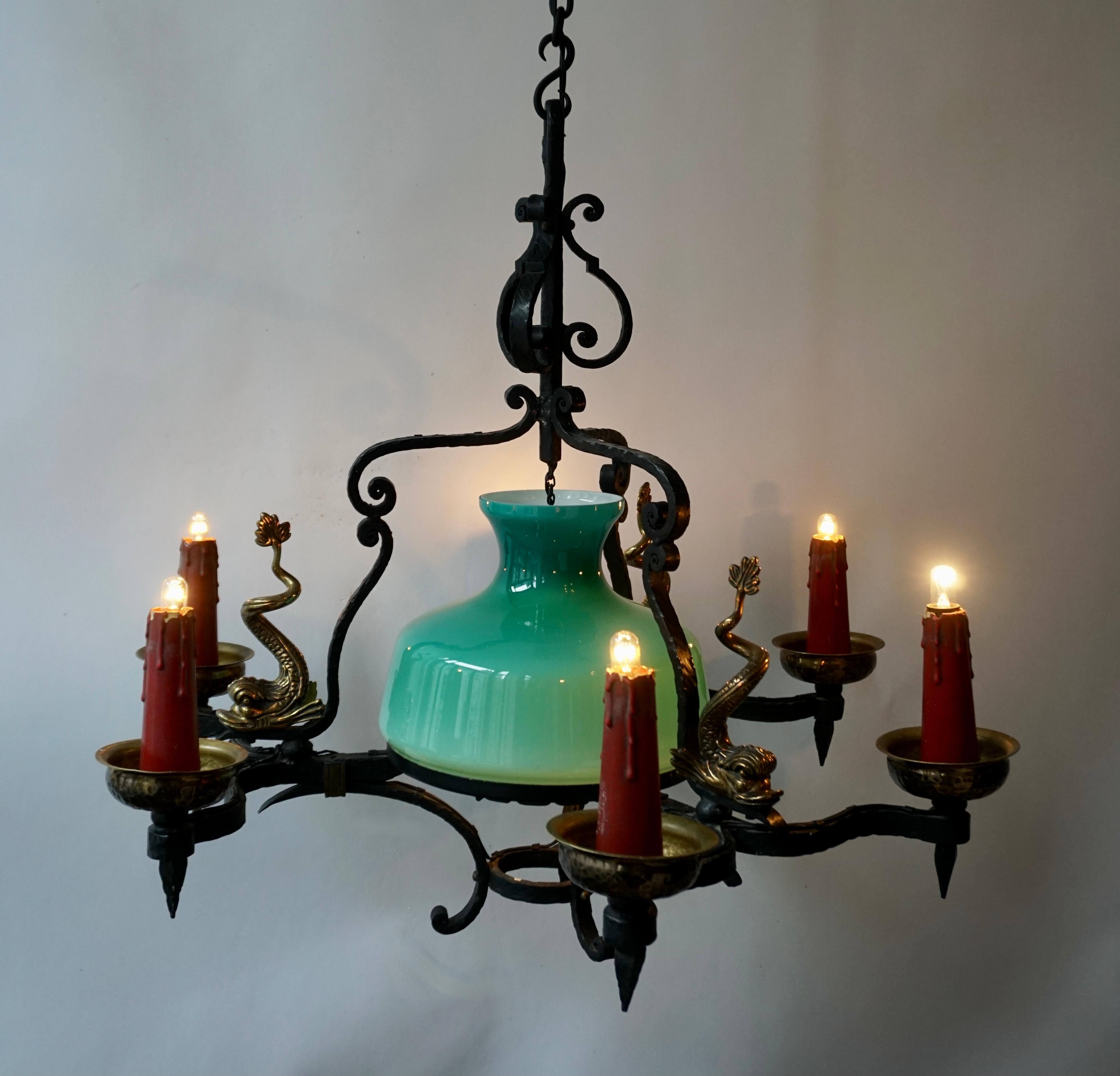 Brass Antique Italian Black Wrought Iron and Green Murano Glass Chandelier