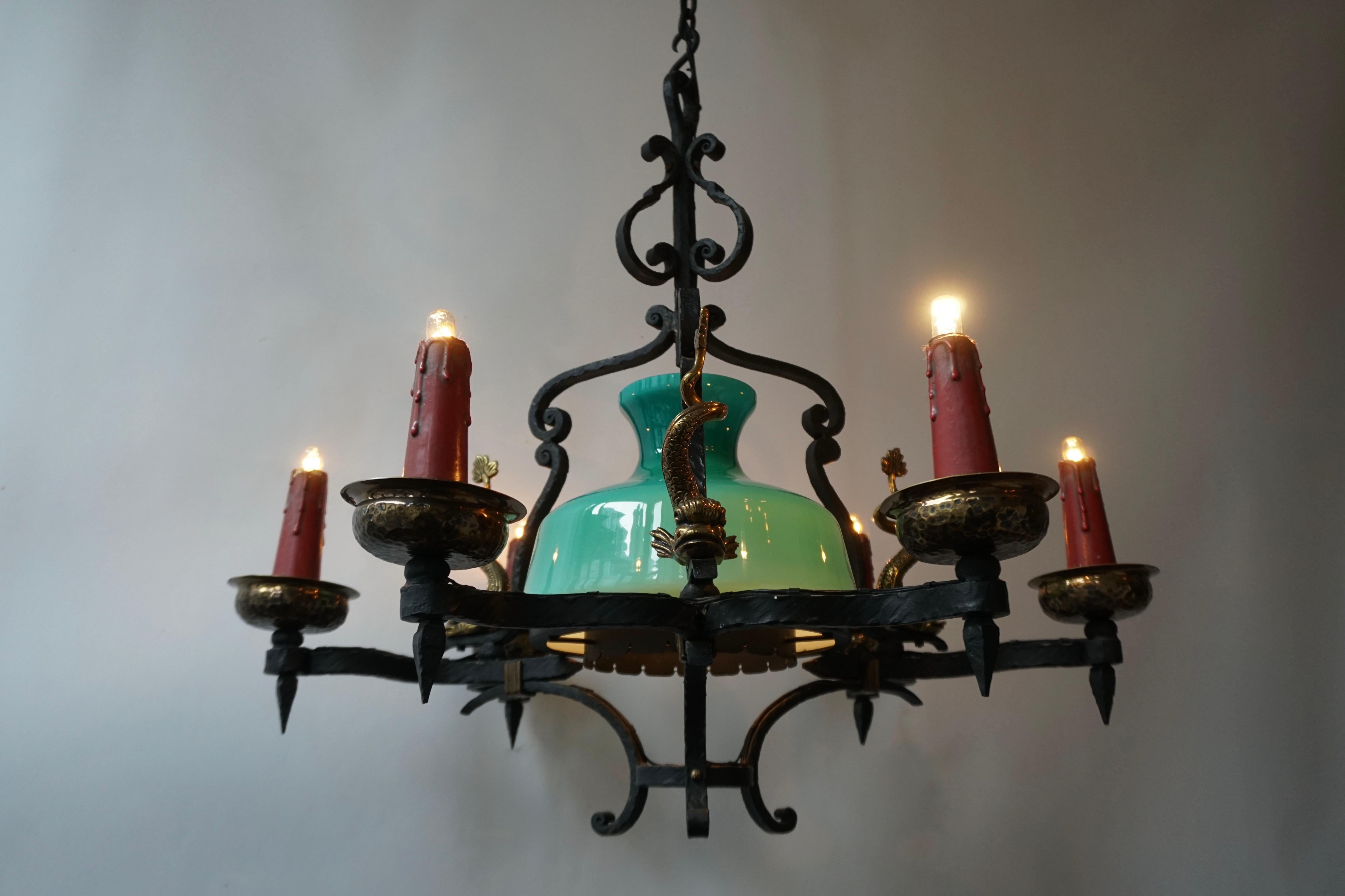 Antique Italian Black Wrought Iron and Green Murano Glass Chandelier 3