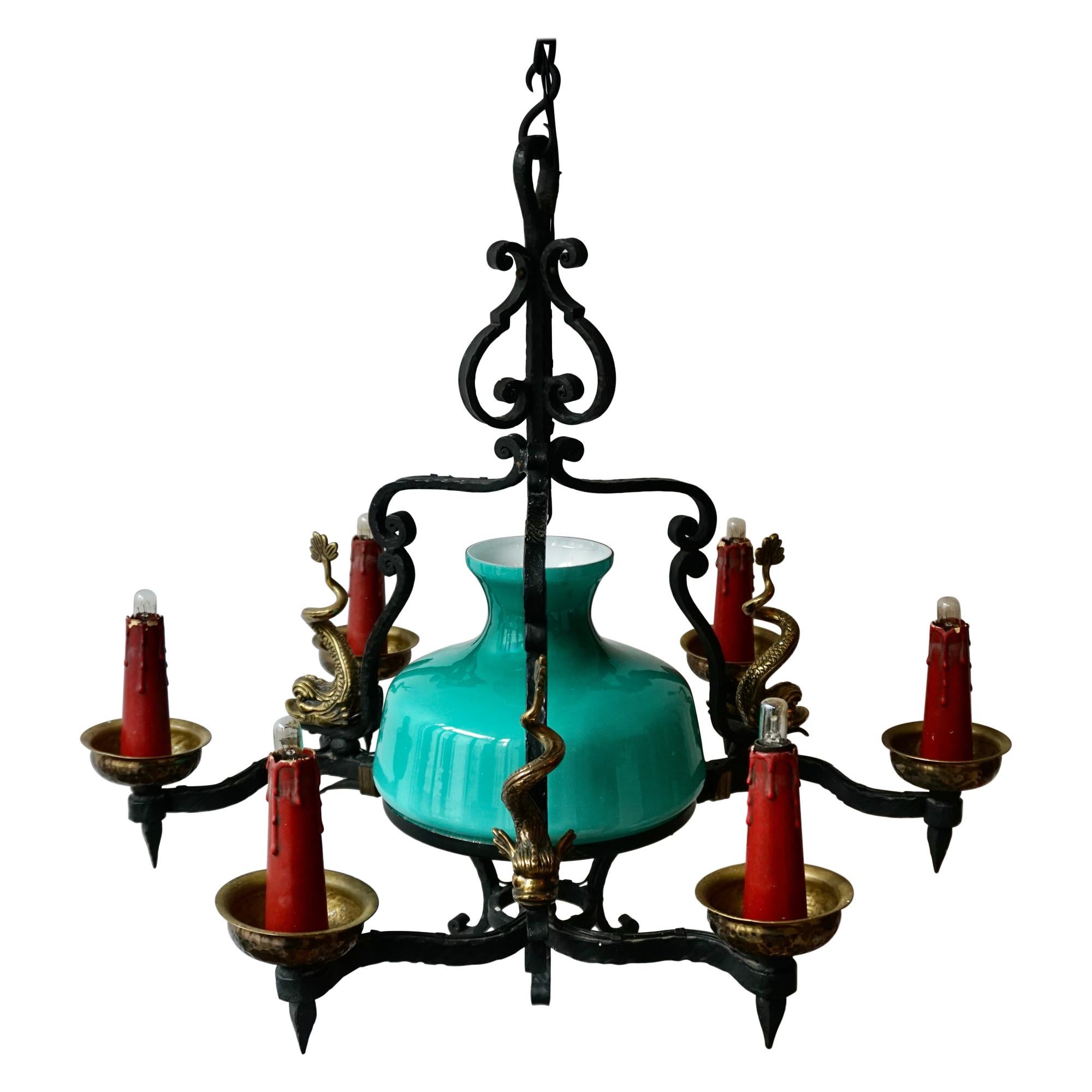Antique Italian Black Wrought Iron and Green Murano Glass Chandelier