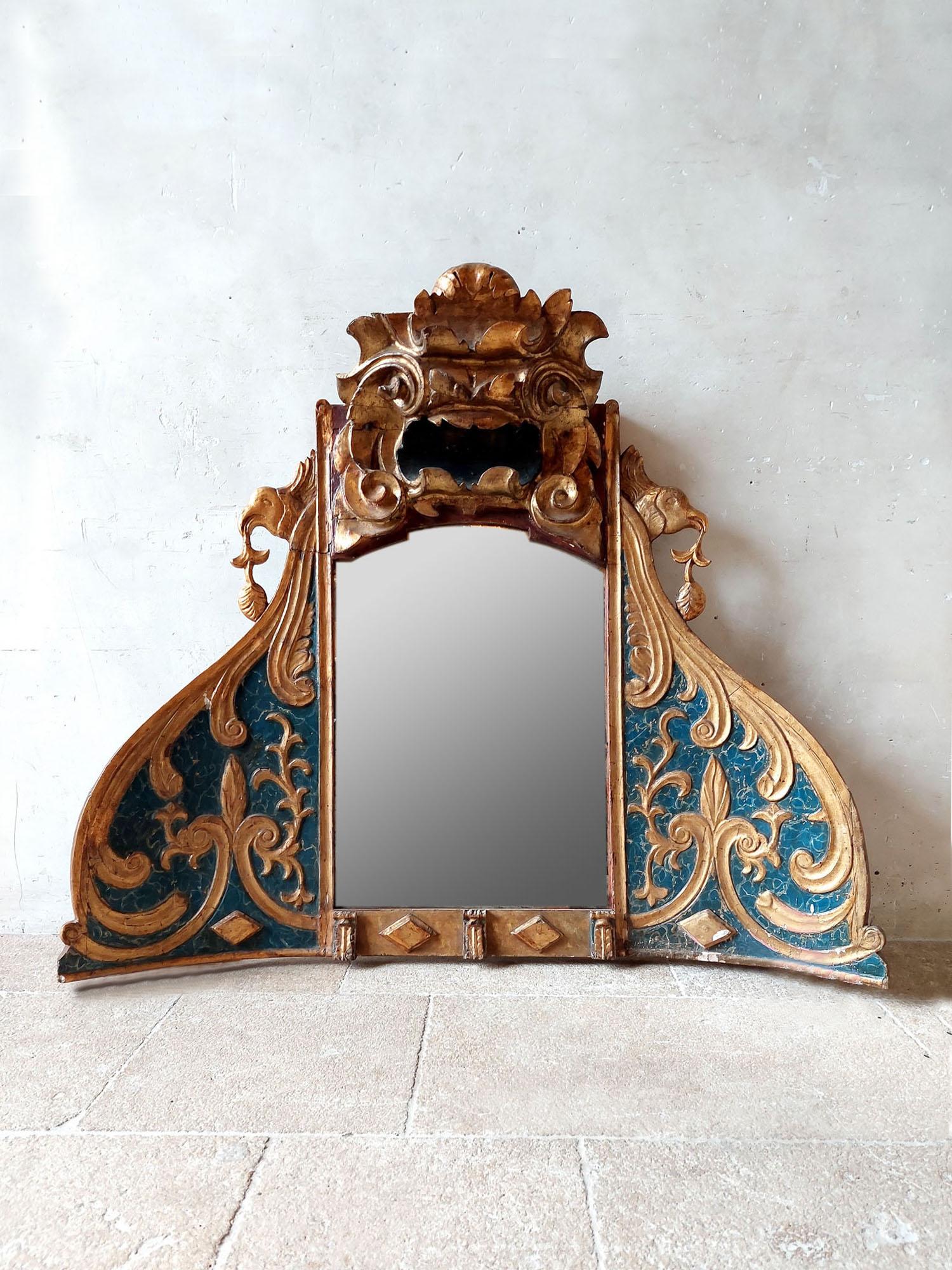 Antique Italian Blue and Gold Fairytale Mirror made from an 18th C. Church Niche In Good Condition For Sale In Baambrugge, NL