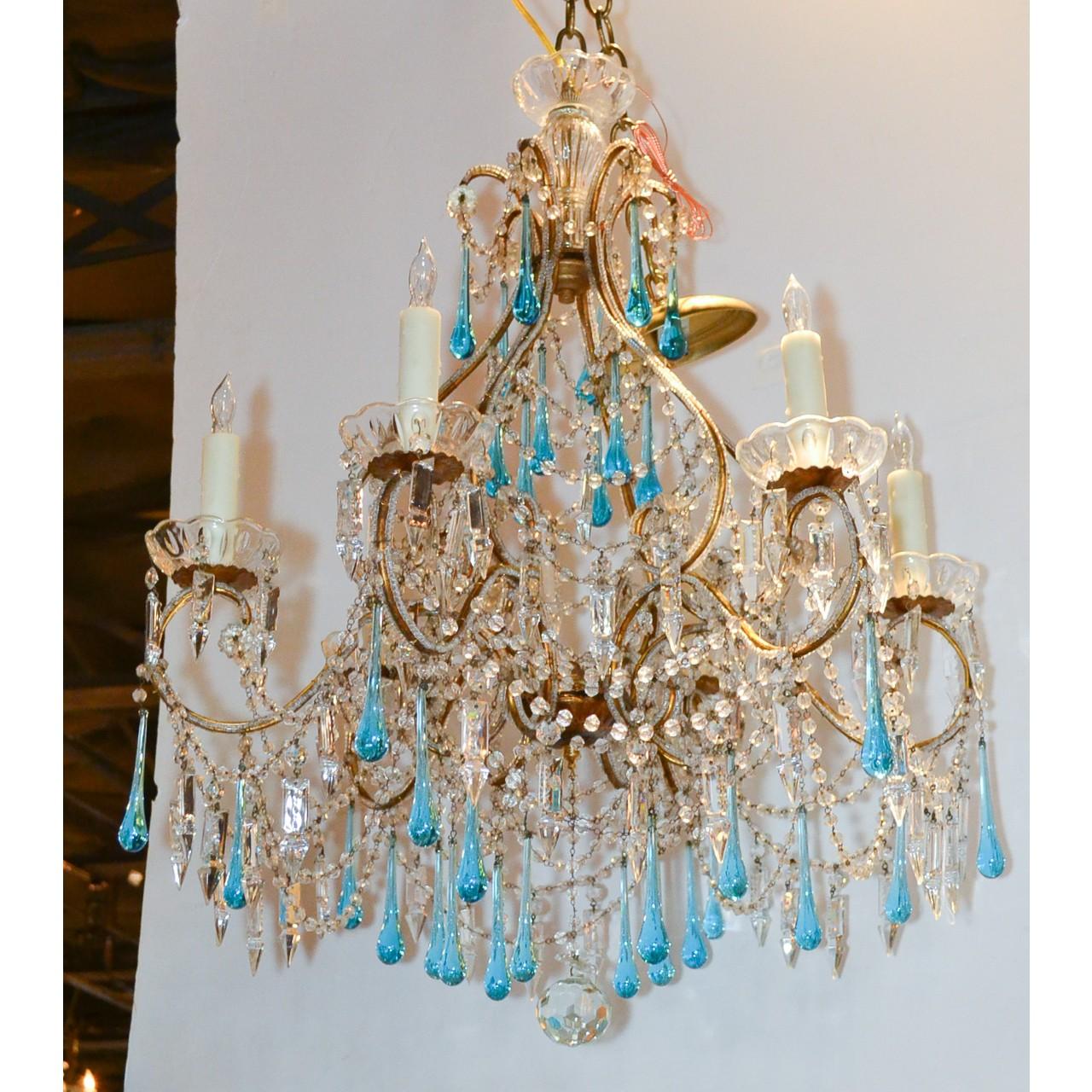 Carved Antique Italian Blue Crystal Chandelier, circa 1910