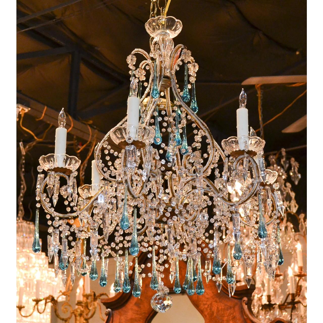 Early 20th Century Antique Italian Blue Crystal Chandelier, circa 1910