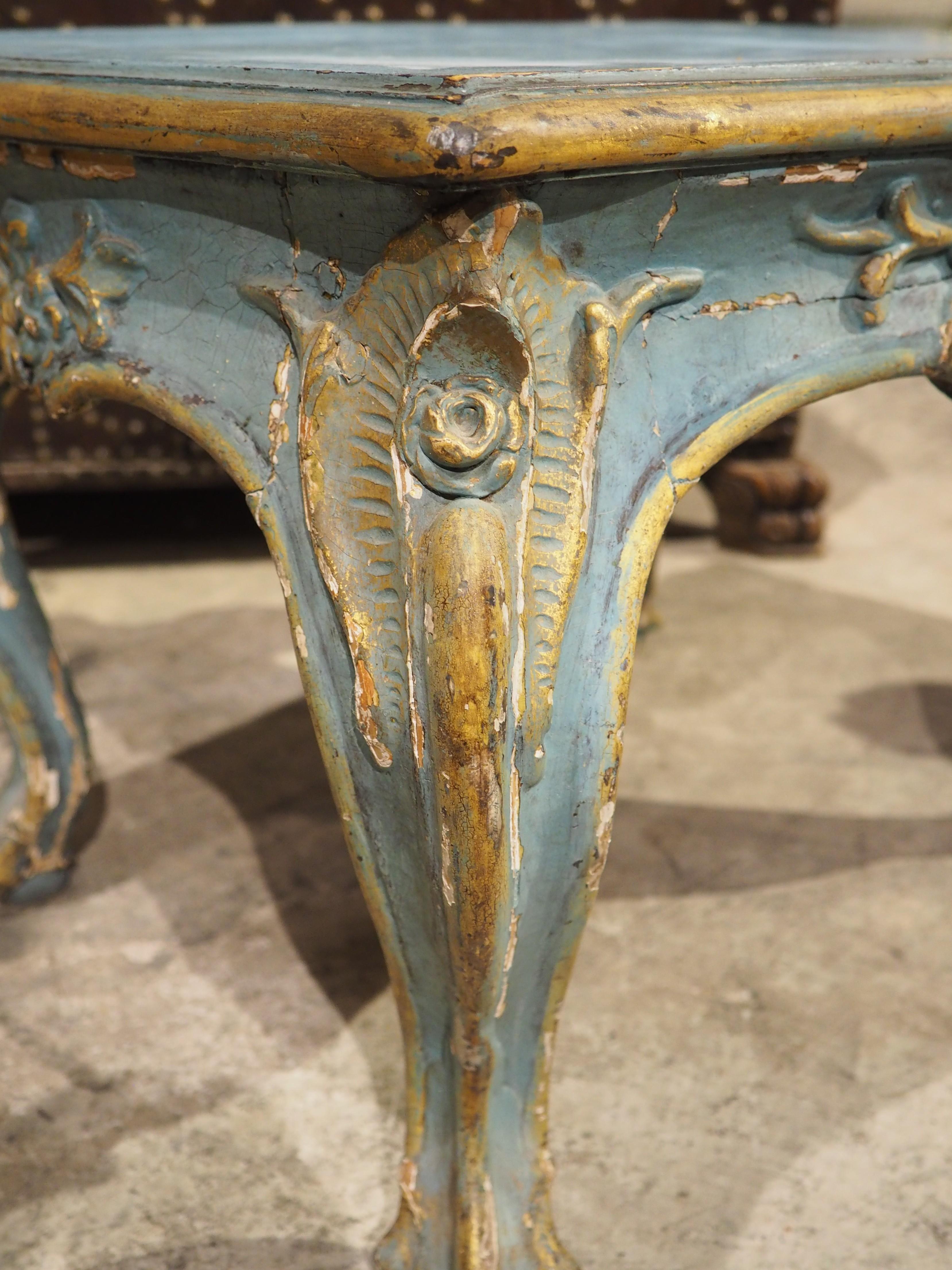 Antiker italienischer Tabouret-Hocker aus Holz, blau bemalt und vergoldet, um 1850 im Angebot 5