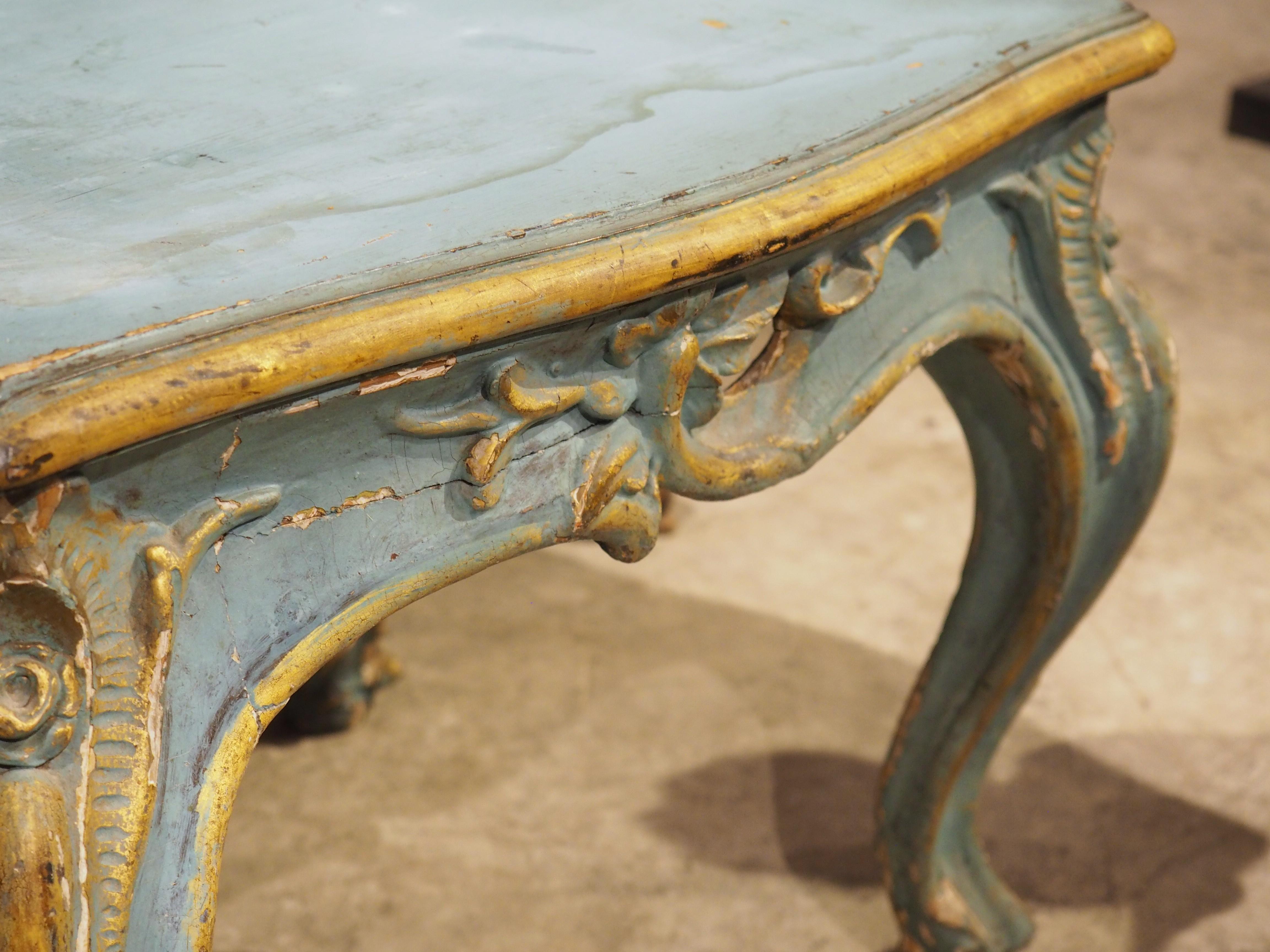 Antiker italienischer Tabouret-Hocker aus Holz, blau bemalt und vergoldet, um 1850 im Angebot 3