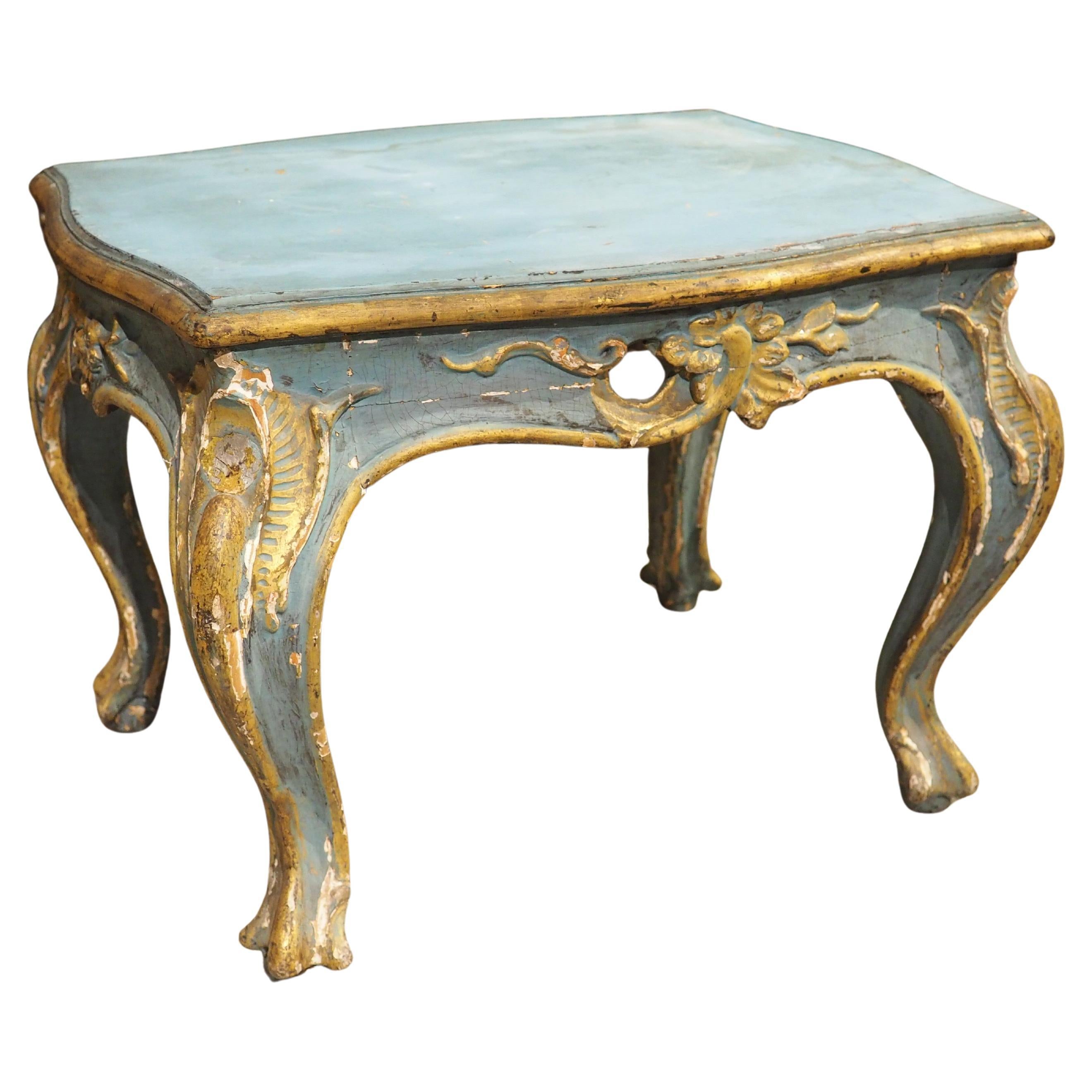 Antiker italienischer Tabouret-Hocker aus Holz, blau bemalt und vergoldet, um 1850 im Angebot
